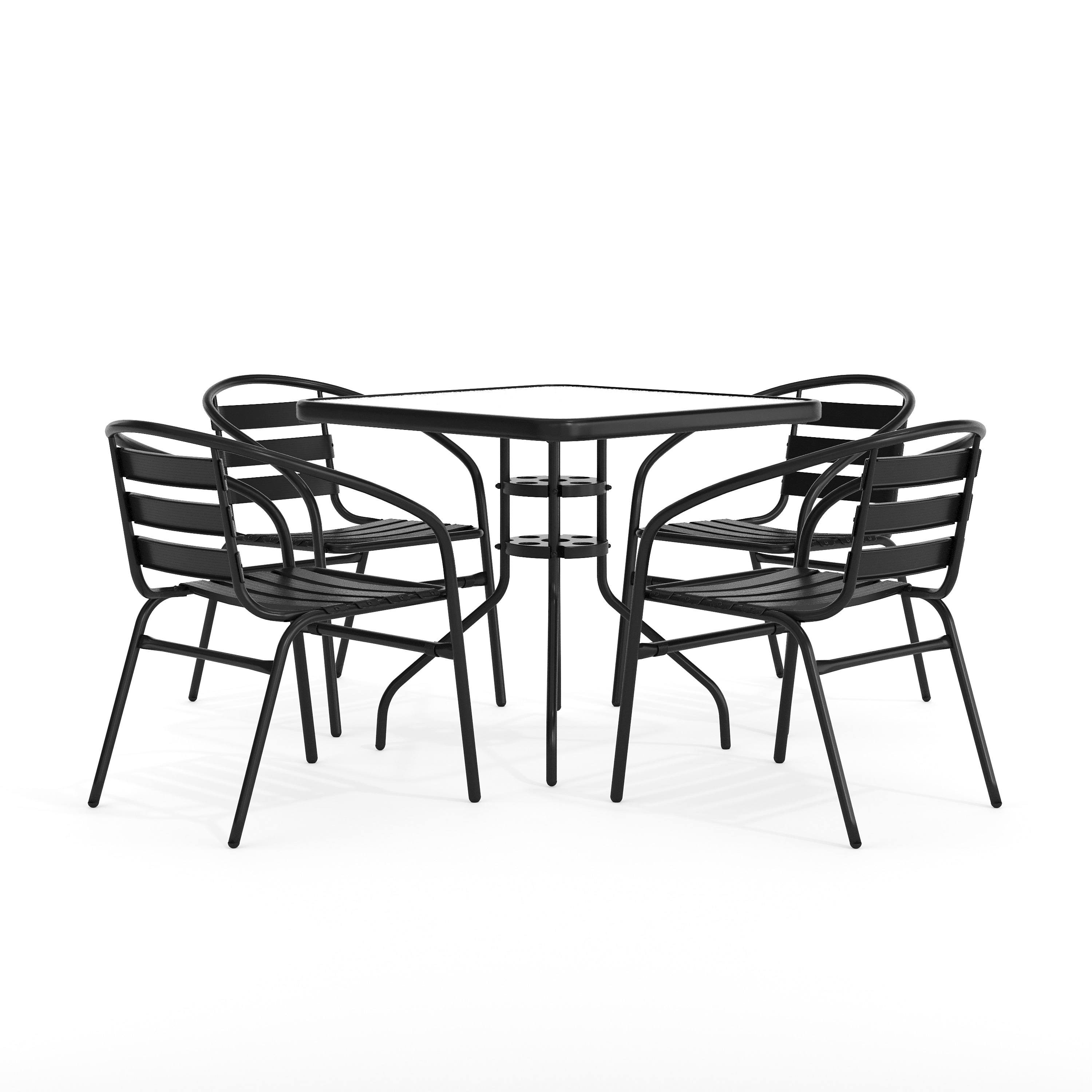 Flash Furniture 889142061595 Lila 31.5-in Square Glass Metal Table with 4 Black Metal Aluminum Slat Stack Chairs