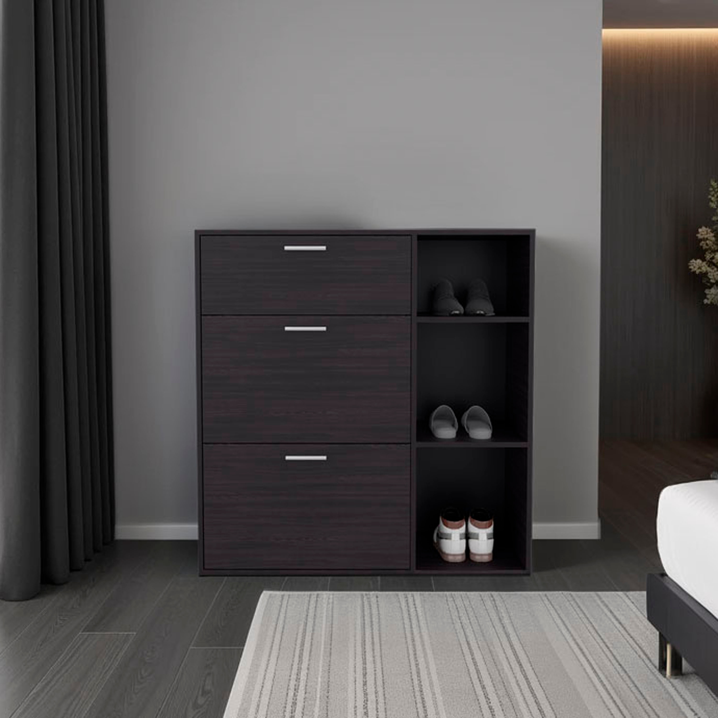 Tinyhomie Sierra Shoe Storage Cabinet 2 Tilt-Out Drawers 1 Top Drawer 3 Open Side Shelves Vertical Design Entryway or Bedroom Use Wenge