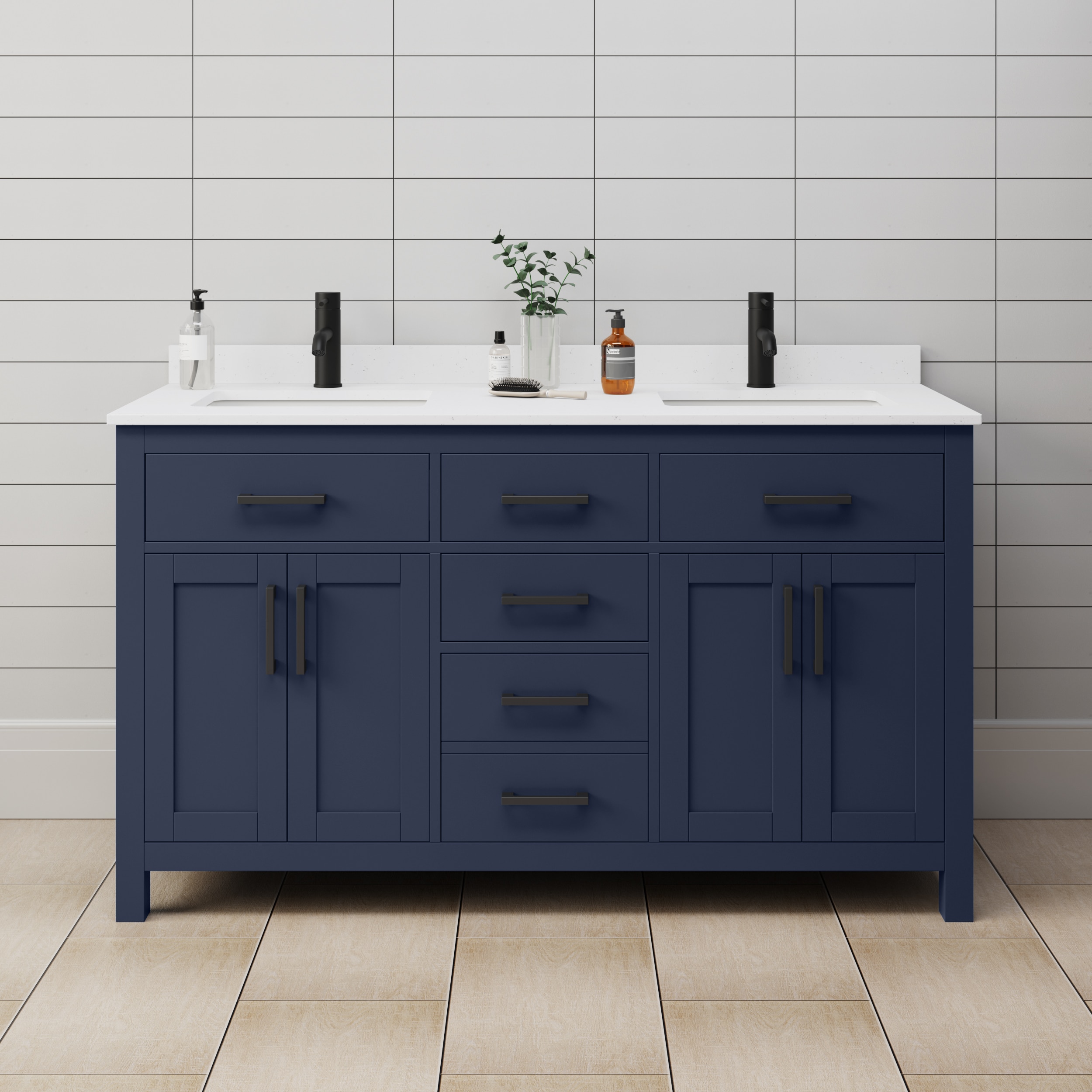 Wyndham Collection WCG242460DBBWCUNSMXX Beckett 60-in Dark Blue with Matte Black Trim Undermount Double sink Bathroom Vanity with White Cultured Marble Cultured marble Top