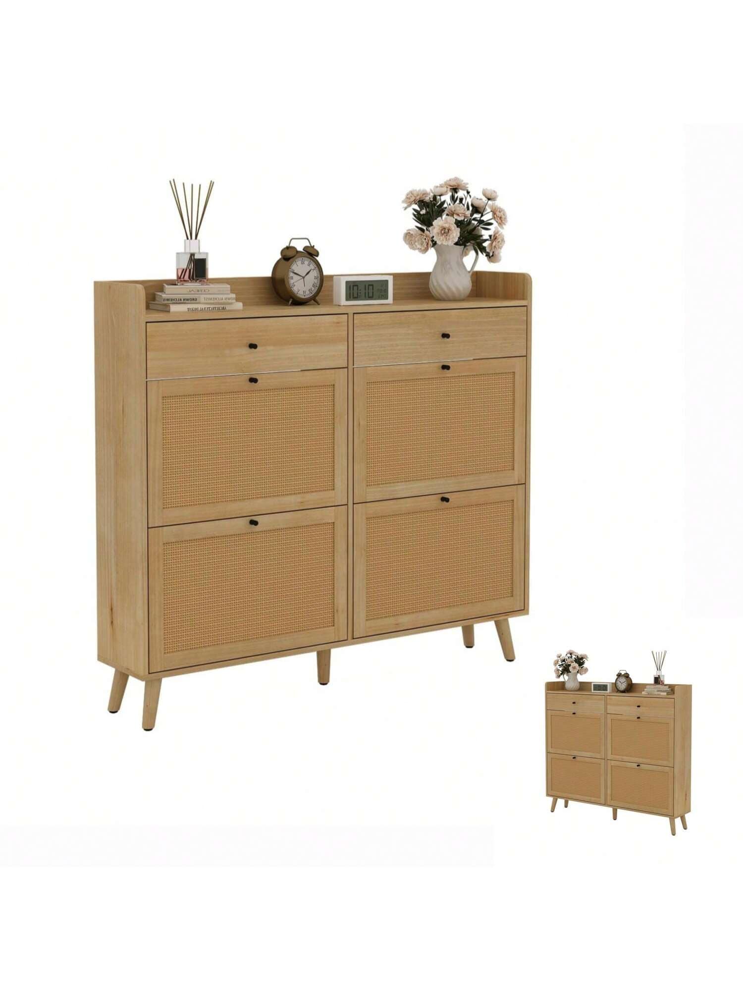 Garvee Home Shoe Cabinet Rattan Shoe Rack Cabinet With 4 Flip Drawers and 2 Drawers Wood Shoe Storage Organizer With Solid Wood Legs For Entryway Hallway Living Room