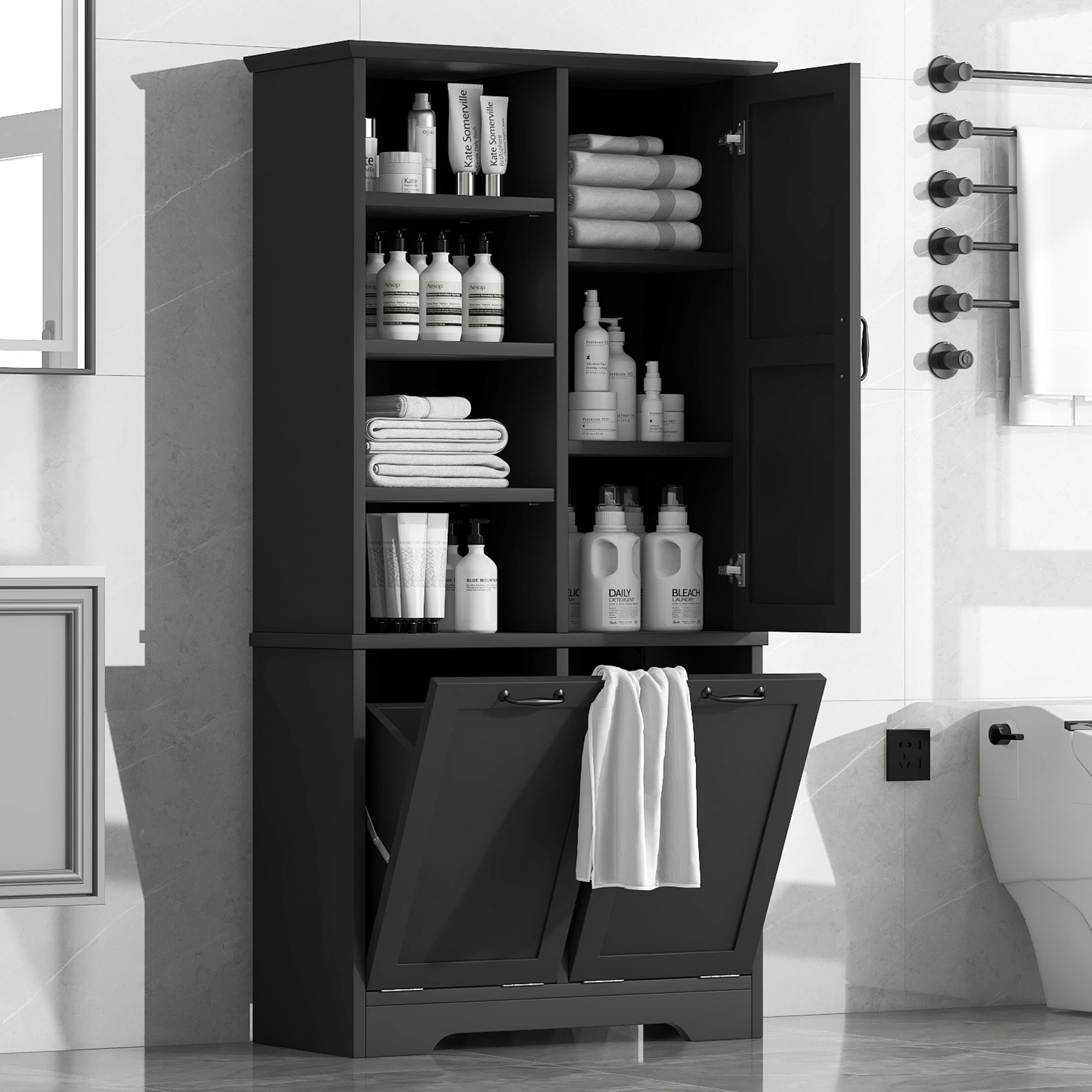 ModernLuxe L3P-N725P208543B Bathroom Storage Cabinet with Doors and Drawers TiltOut Laundry Hamper Multiple Storage Space Freestanding Style Open Shelve Adjustable Shelf Black
