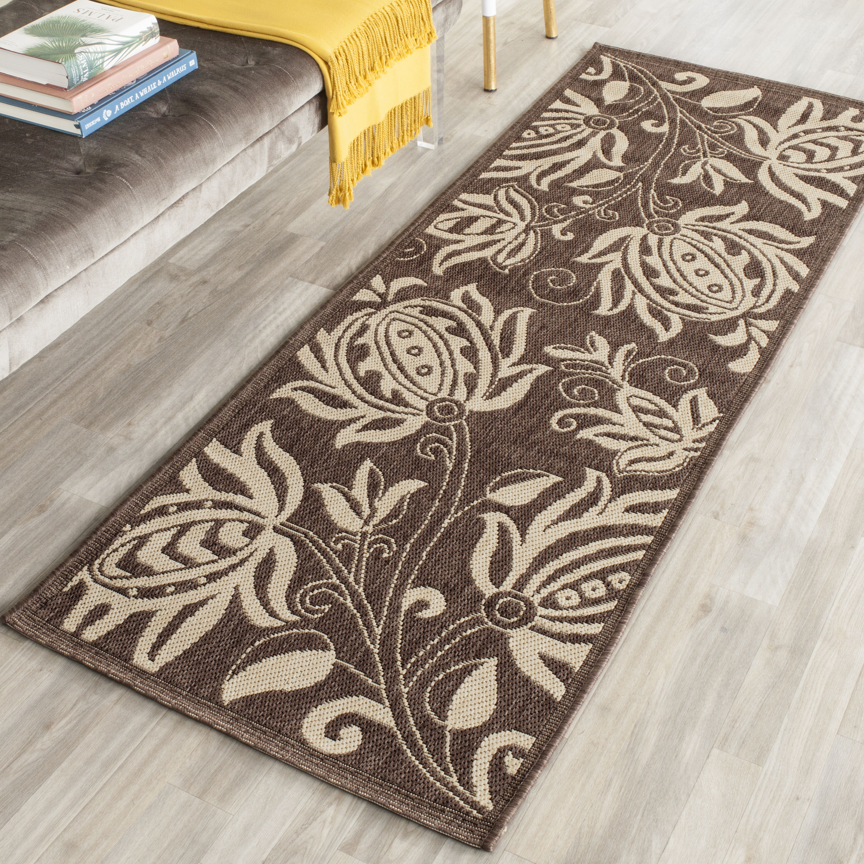 Safavieh CY2961-3409-214 Courtyard Blossums 2 x 14 (ft) Loomed Polypropylene Chocolate/Natural Rectangular Indoor/Outdoor Floral/Botanical Runner rug
