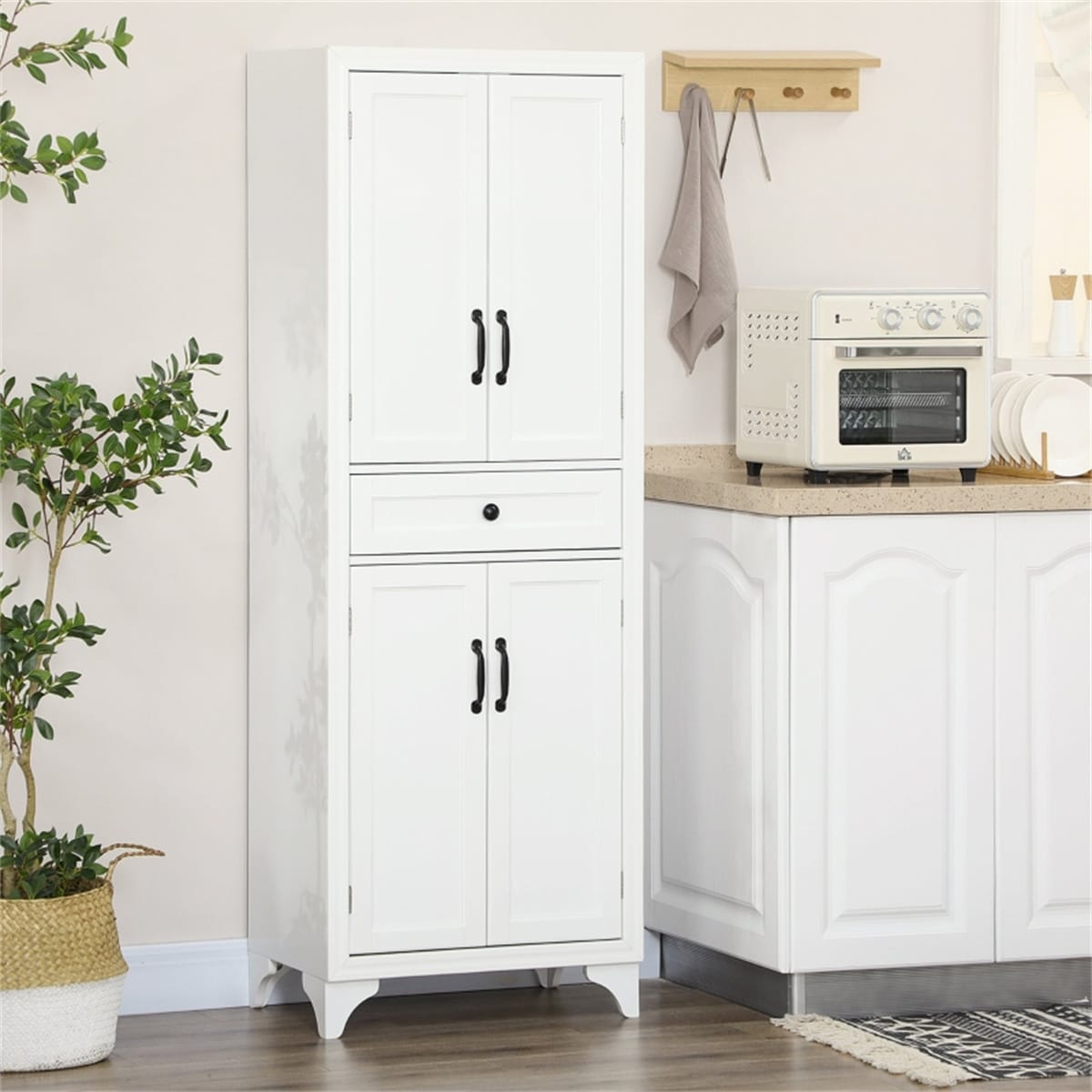 Zyerch Crystal White 67 Inch Tall Kitchen Pantry Cabinet with 2 Cabinets 1 Drawer Adjustable Shelves Anti Tipping Hardware Elevated Base for Kitchen Living Room
