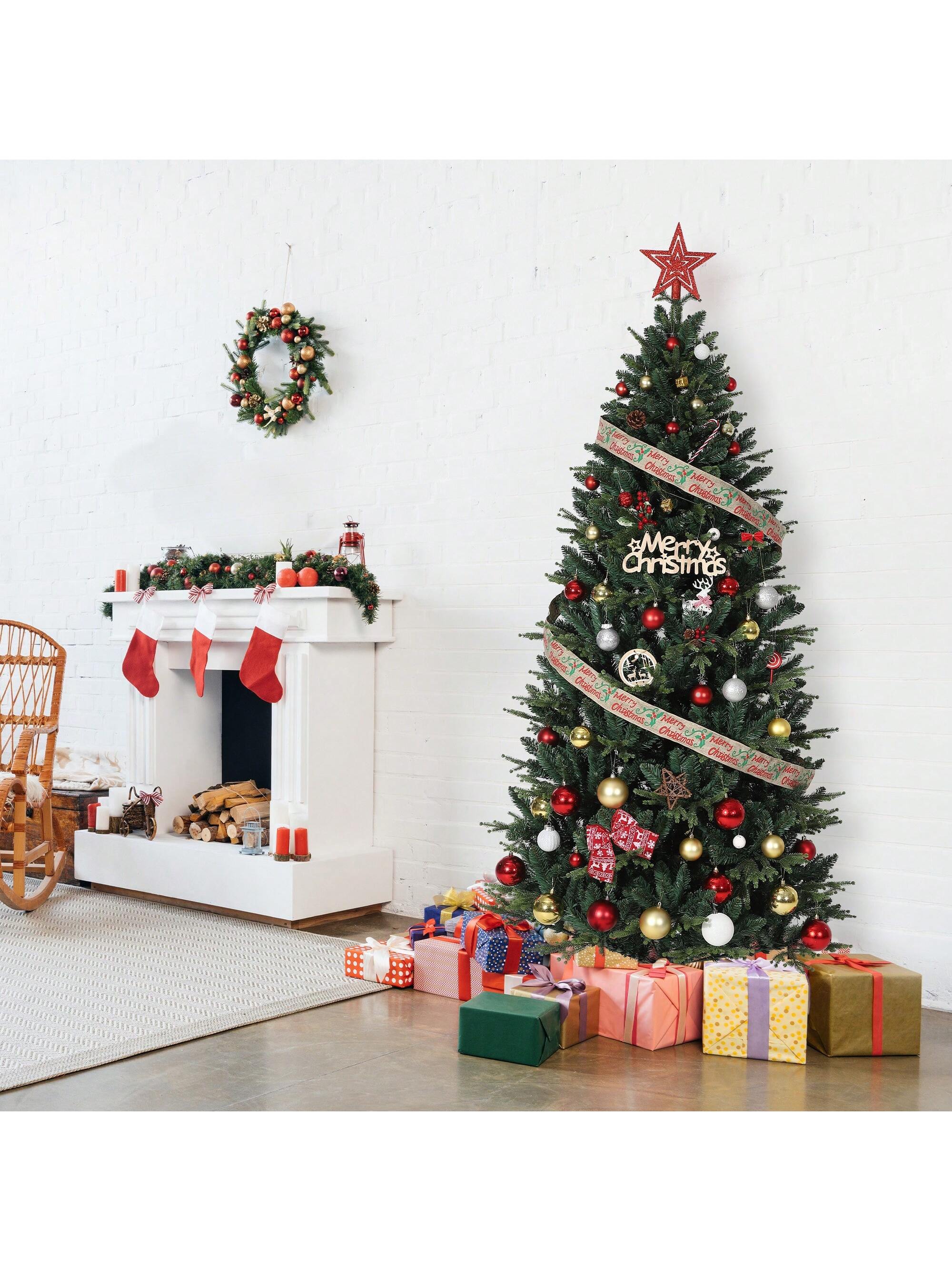 Qeetex BY-PHK-35QTDEY9 Artificial Christmas Tree 7 FT Realistic Lifelike Pine Tree With Sturdy Metal Stand Hinged Design For Easy Setup Indoor Outdoor Holiday Decor For Home Office Christmas