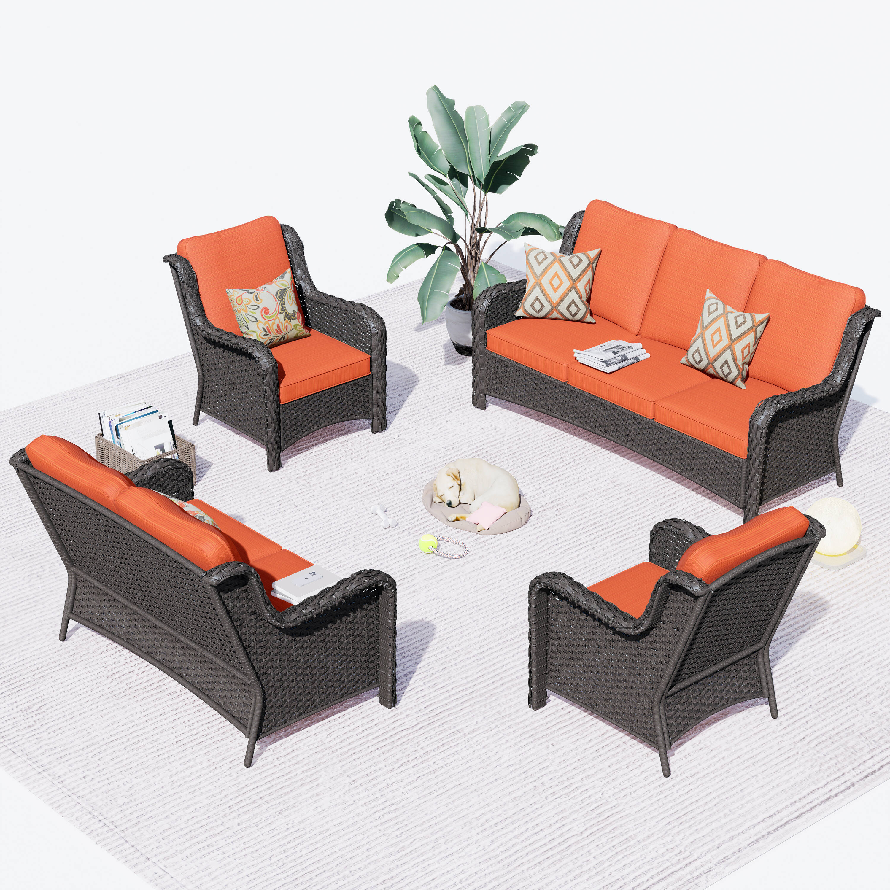 Ovios NTC8-602 4 -Piece Wicker Patio Sofa Conversation Set with Orange Cushions