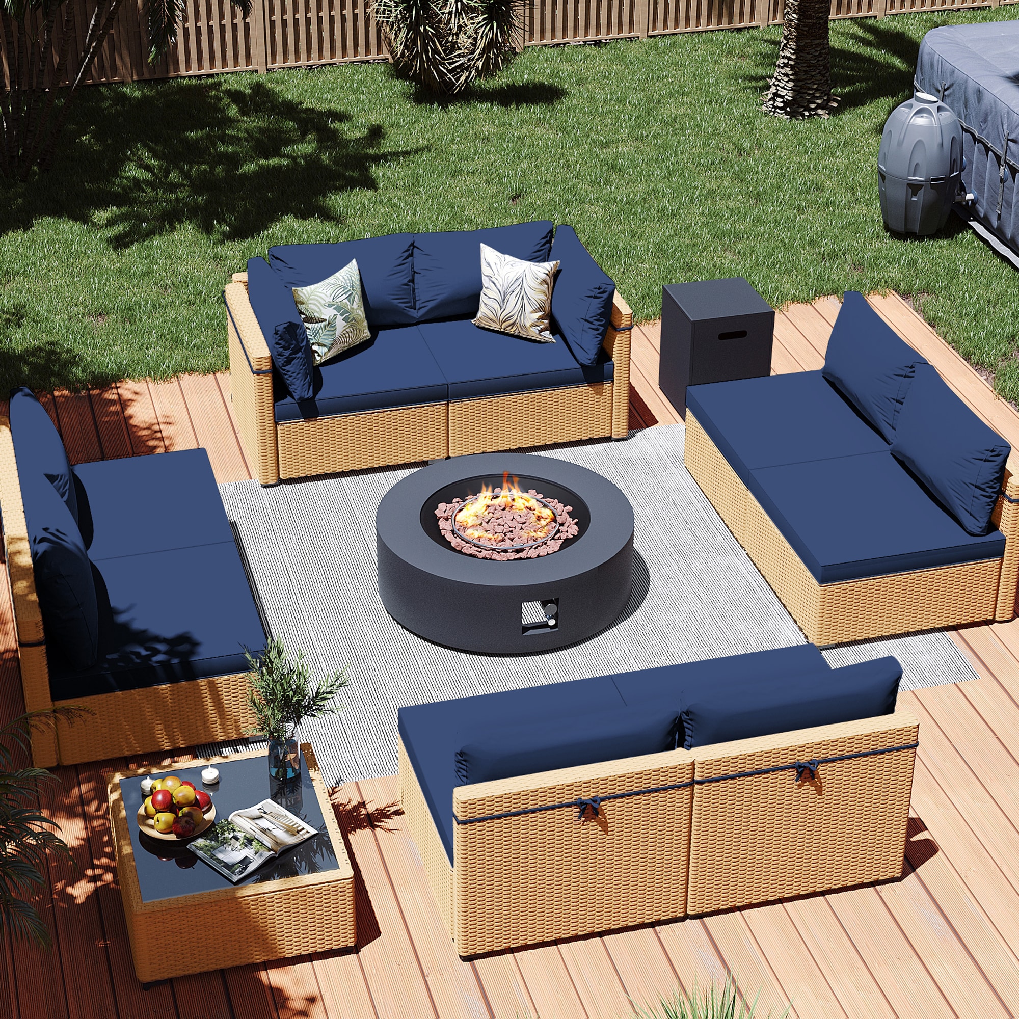 Patio Watcher LS-RT9-KD42DK-Y2 10 -Piece Rattan Patio Conversation Set with Blue Cushions