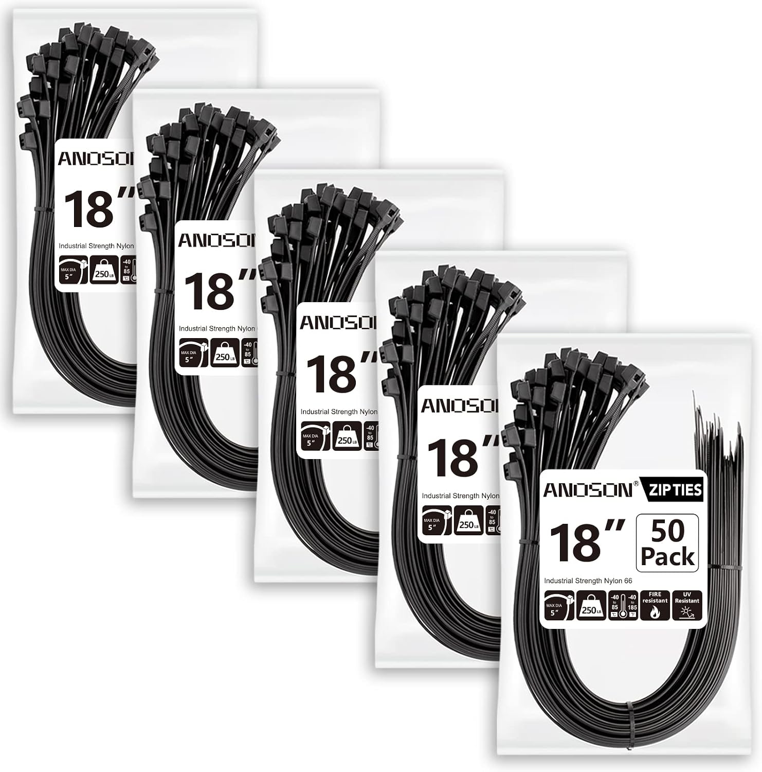 Anoson Large Zip Ties 18 inch 250 Pack Long Zip Ties Heavy Duty with 220 lb Tensile Strength Big Cable Ties Black by 