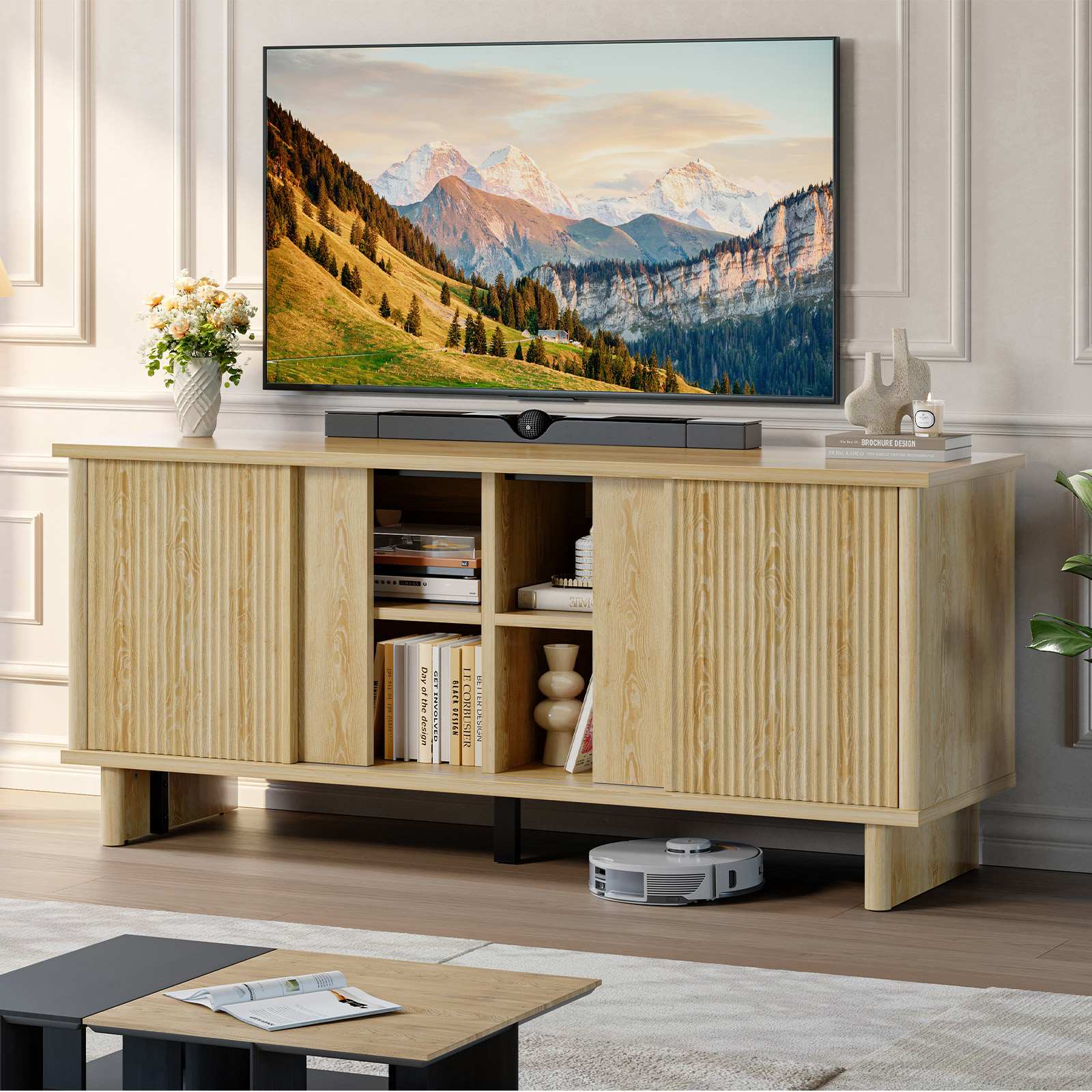 Bestier 58.27-in W Natural Oak Midcentury TV Stand for TVs up to 65 inches with Sliding Door and Storage Shelves