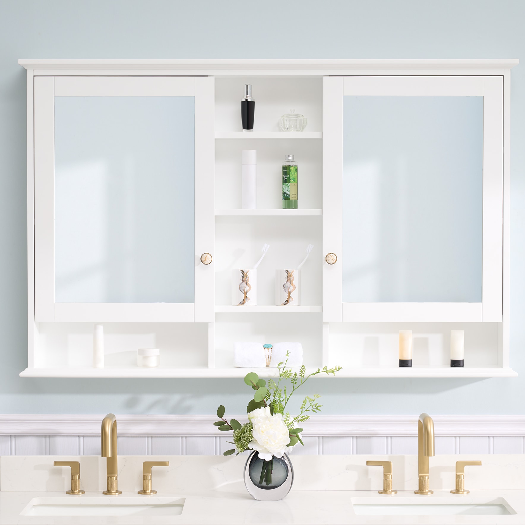 LIVIZA UCJ-WMC55YS1WT NAT2 Solid Wood Cabinet 55-in x 35-in Surface Mount White Mirrored Rectangle Soft Close Medicine Cabinet