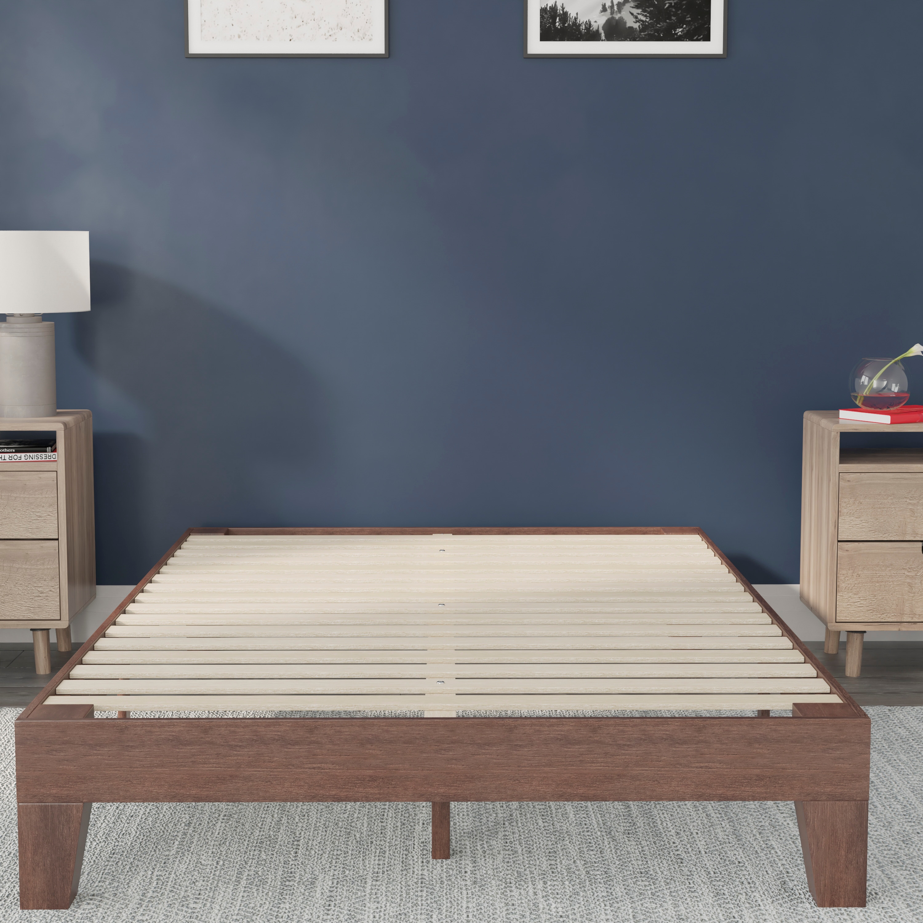 Evelyn Walnut Finish Full Wooden Platform Bed with Slats