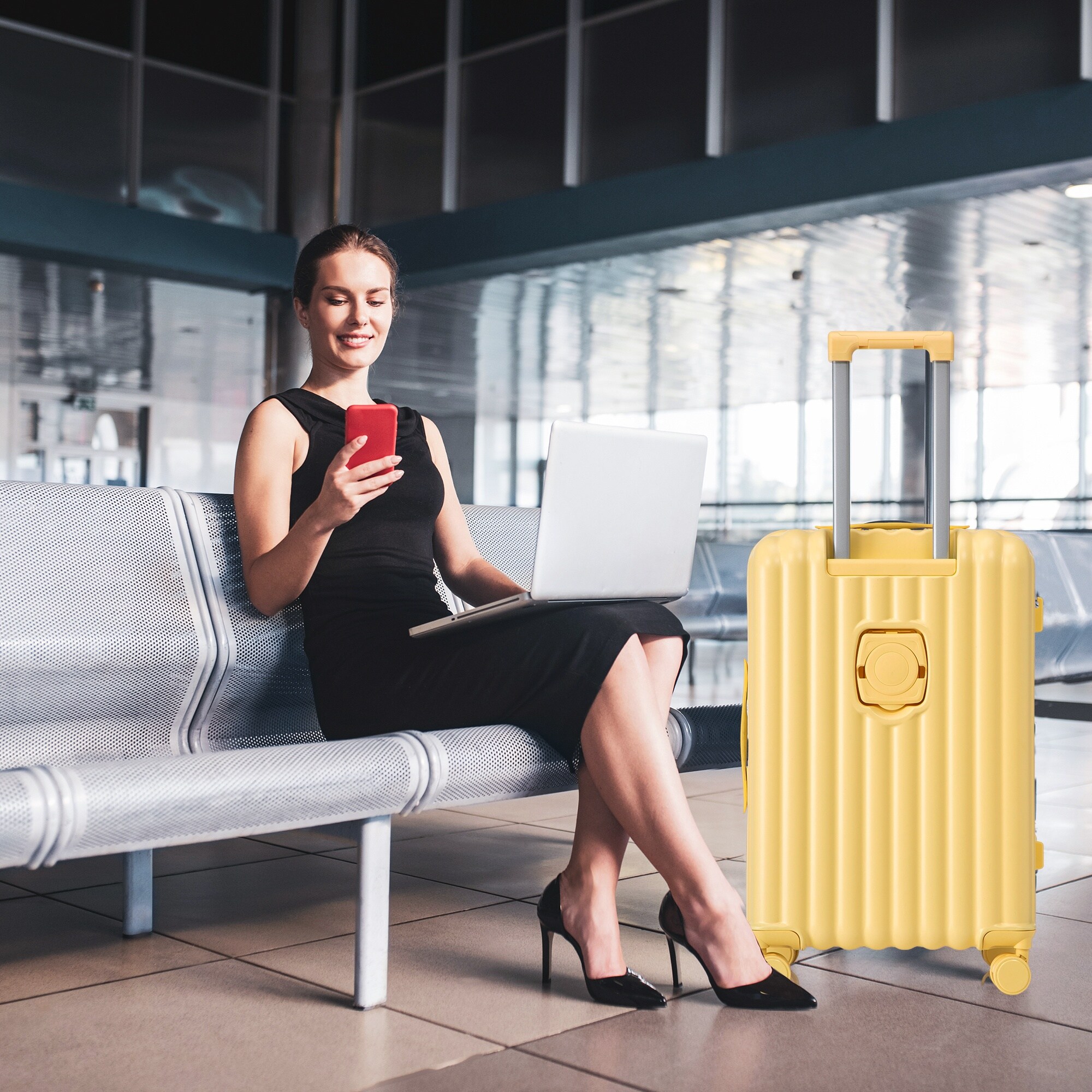 Boyel Living 3 pcs set in ABS Spinner Wheel Luggage Carry on Suitcase with Cup Holder and USB Port and Phone Holder Yellow