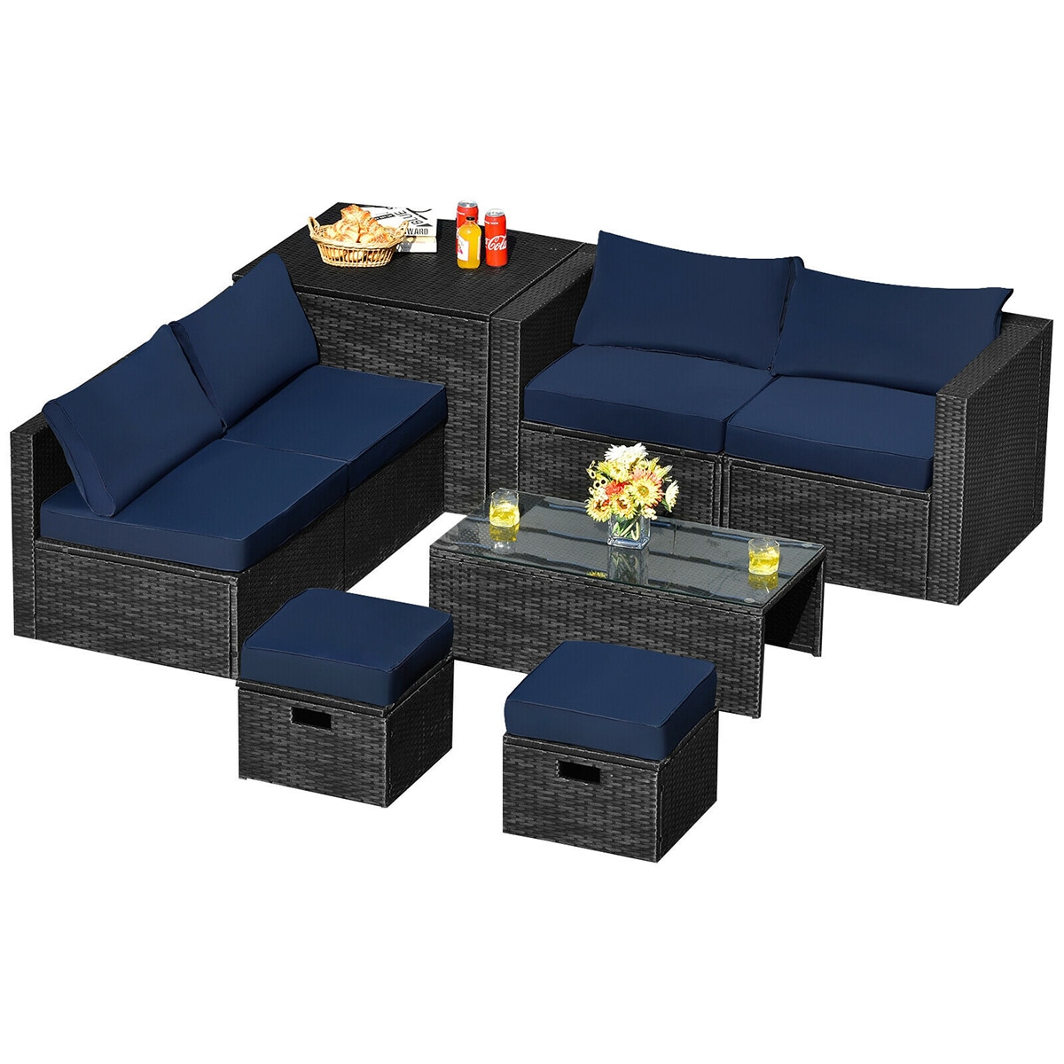 Forclover HYFE-68605NY 8 -Piece Rattan Patio Conversation Set with Blue Cushions