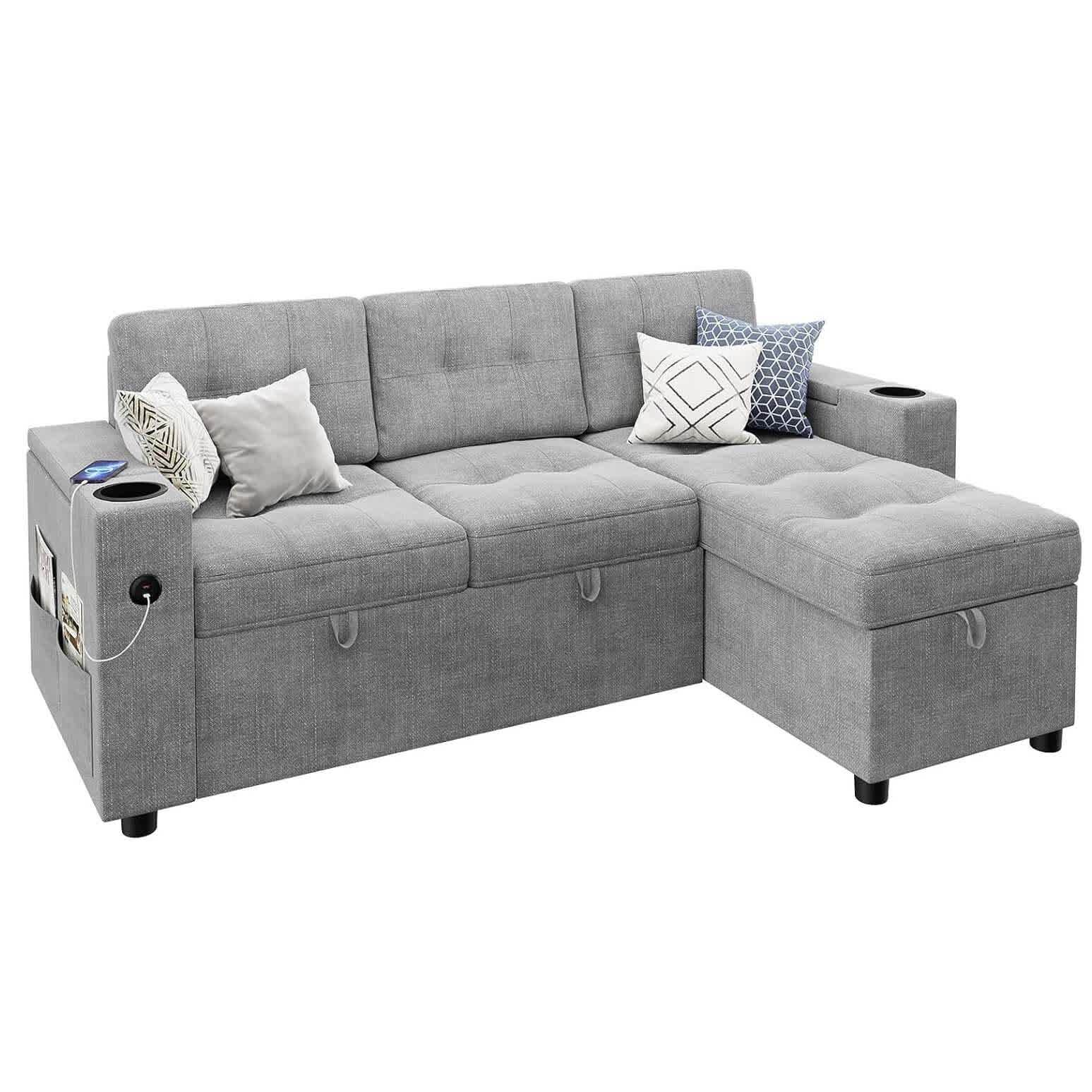 WhizMax PD-PHO-16K7BD58 84 Inch L-Shaped Sleeper Sofa - Sectional Couch with Pull Out Mattress - Dual Storage Armrests Cup Holders - Space Saving Design
