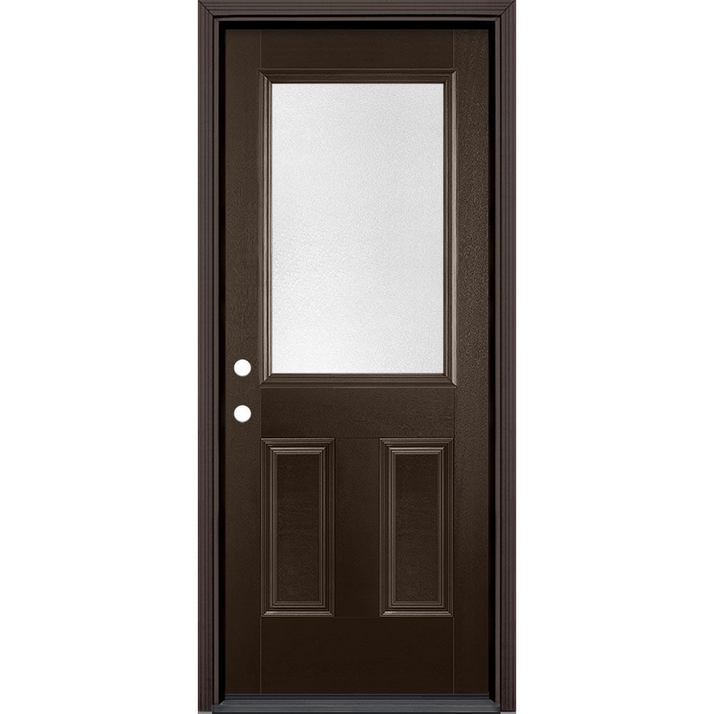 Masonite 629242 32-in x 80-in x 4-9/16-in Fiberglass Half lite Right-hand inswing Walnut Stained Prehung Front Door with Brickmould Insulating core