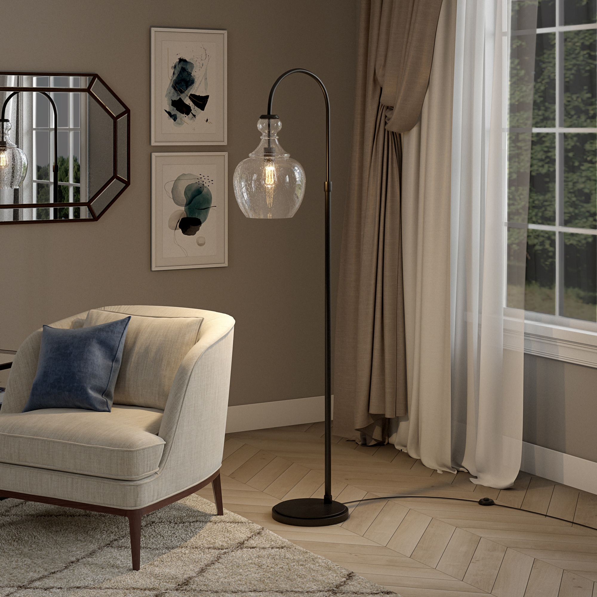 Bronze Arc Adjustable Floor Lamp with Seeded Glass Shade