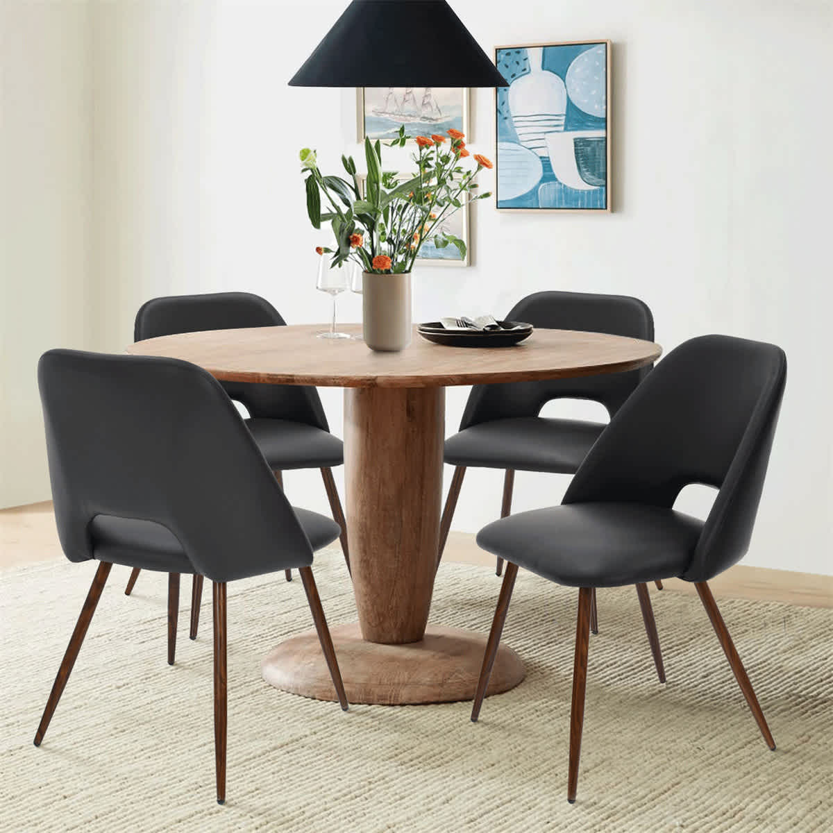 Maison Boucle EDWIN-CHAIR-BKPU Set of 4 Modern Black Faux Leather Upholstered Dining Chairs with Curved Back and Walnut Metal Legs
