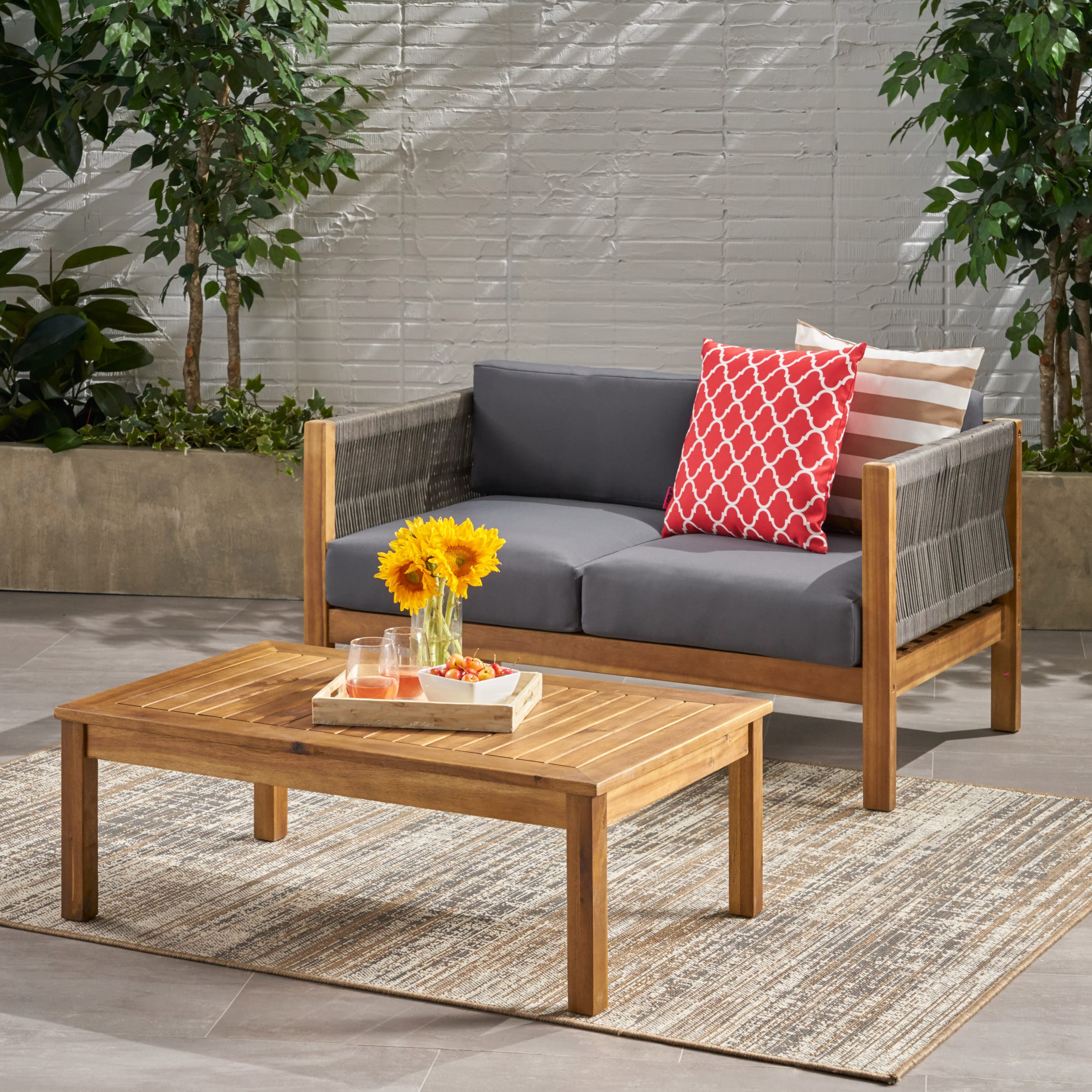 ModernLuxe 66338.00GRY Patio Loveseat and Coffee Table Set Patio Furniture Set with Cushion Acacia Wood Frame Conversation Set for Garden Backyard Porch and Poolside Minimalistic Style