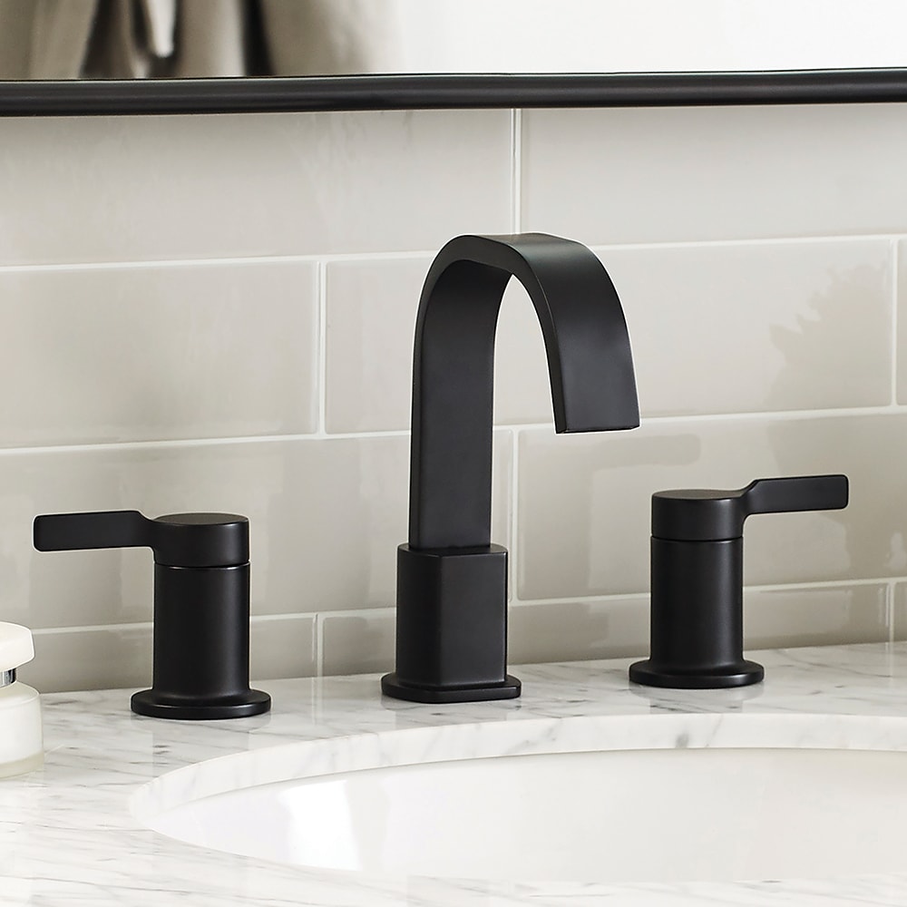 allen + roth FW0AC015BL Veda Matte Black Widespread 2-handle WaterSense High-arc Residential Handle Bathroom Sink Faucet with Drain