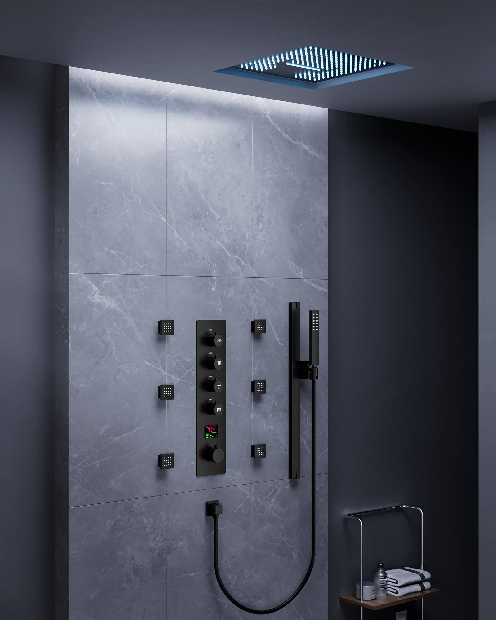 EVERSTEIN SFS-1027-BK16 15-Spray Patterns Dual Shower Head LED 16 in. Ceiling Mount Fixed and Handheld Shower Head in Matte Black
