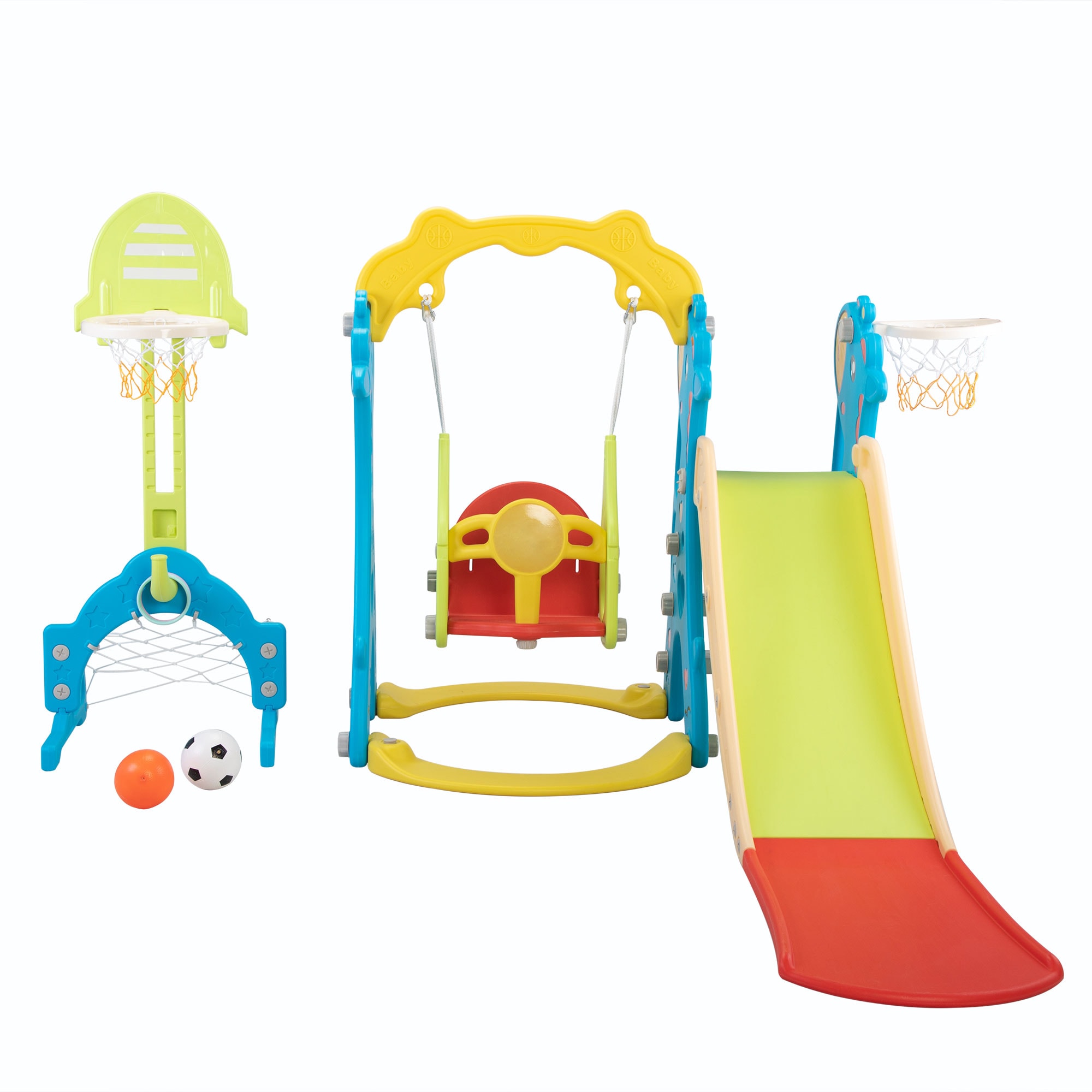 Siavonce XH39398 5 in 1 Slide and Swing Playing Set, Toddler Extra-Long Slide with 2 Basketball Hoops, Football, Ringtoss, Indoor Outdoor