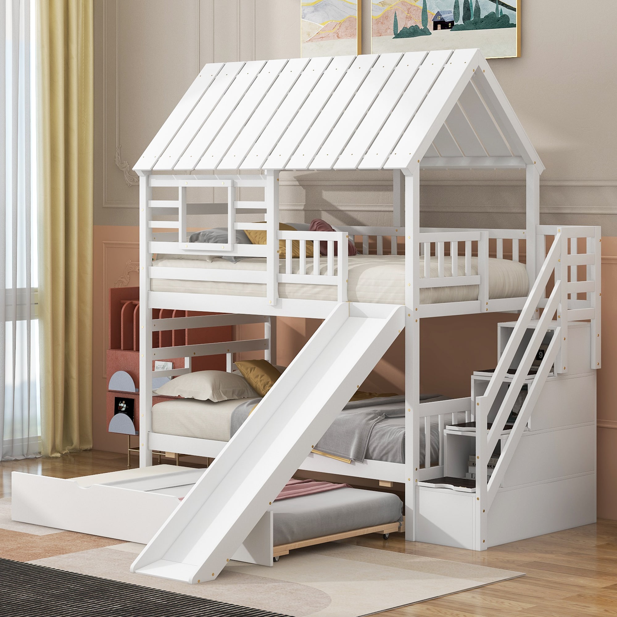 ModernLuxe SM000931AAK Twin over Twin House Bunk Bed with Trundle and Slide Storage Staircase Roof and Window Design White