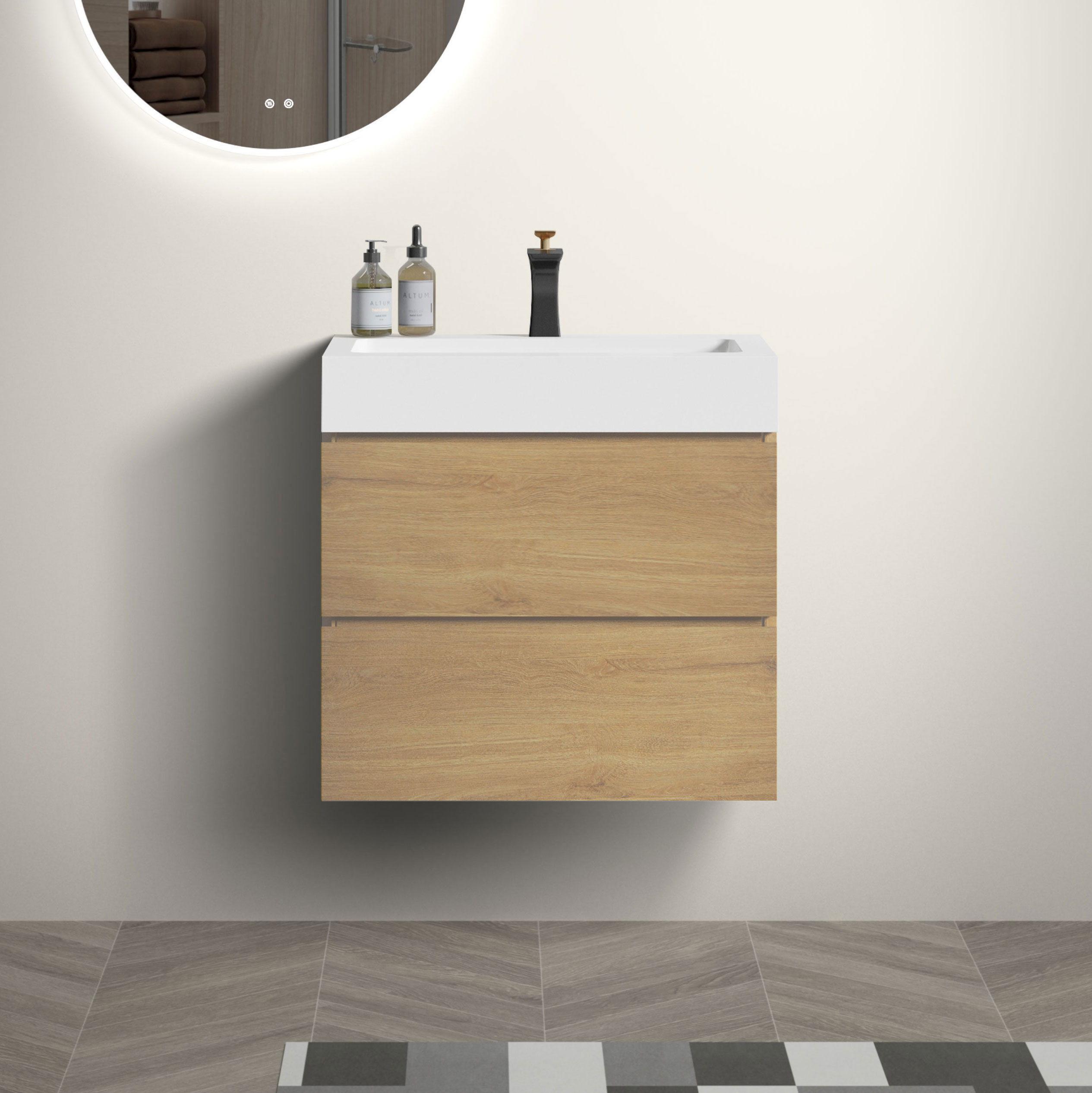 GDFStudio 328539 Alice Modern Floating Bathroom Vanity 24 inch Natural Oak with White Sink