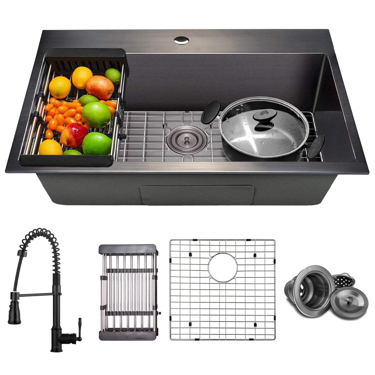 AKDY KS0520-KF12 Drop-in 33-in x 22-in Stainless steel Single bowl Kitchen Sink All-in-One Kit