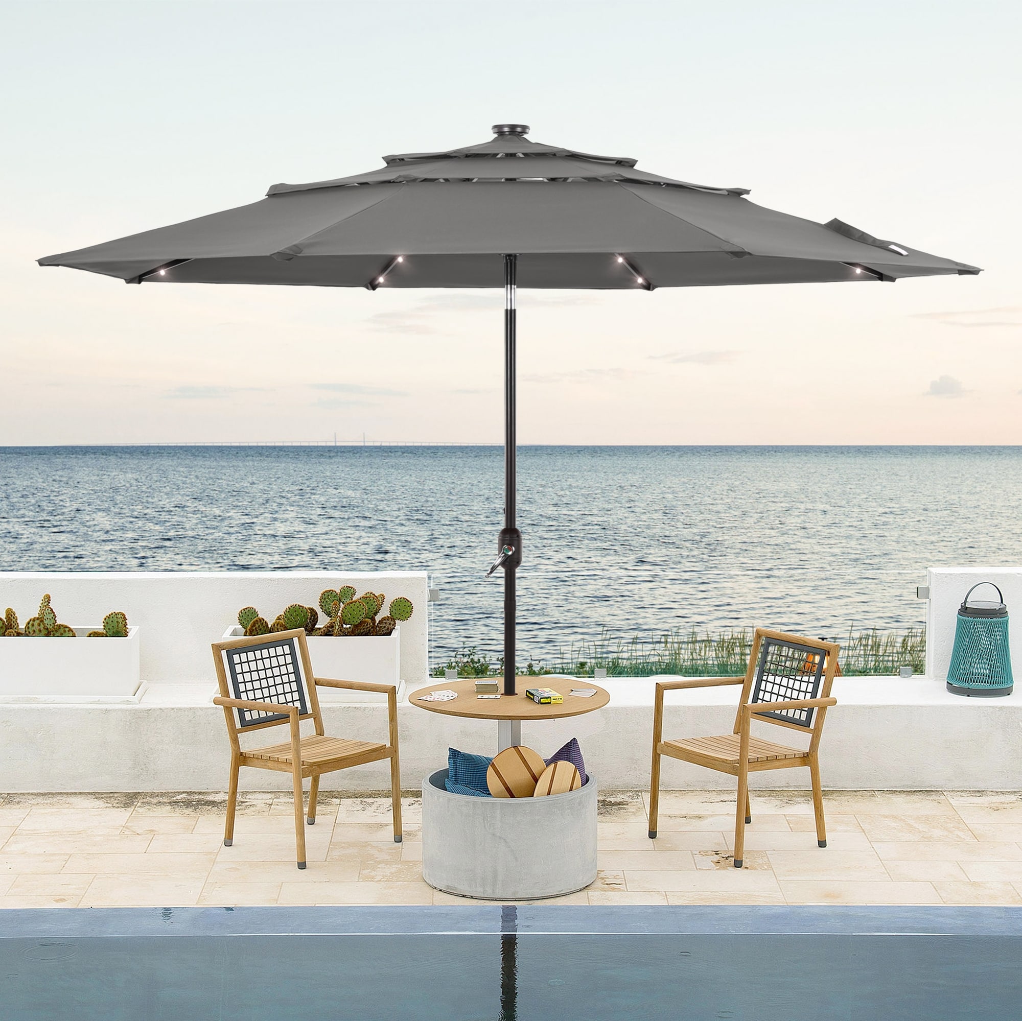 ACEGOSES LW-LED10GY 10-ft Aluminum Gray Push-button Tilt Market Patio Umbrella with Lights