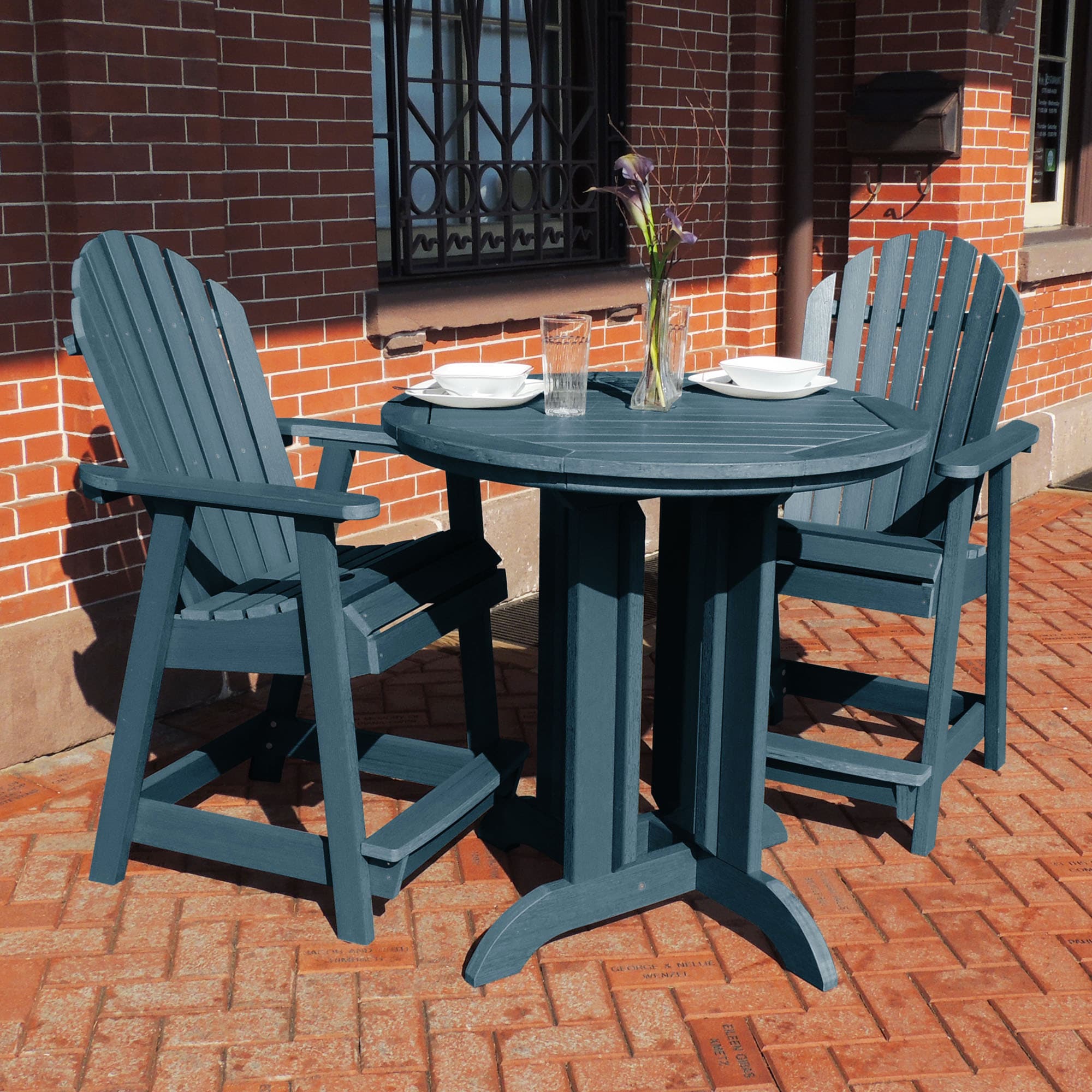 highwood CM-ST3SQC1-NBE Sequoia Professional 3 -Piece Nantucket Blue Patio Dining Set Plastic Round Table with 2 Stationary Chairs