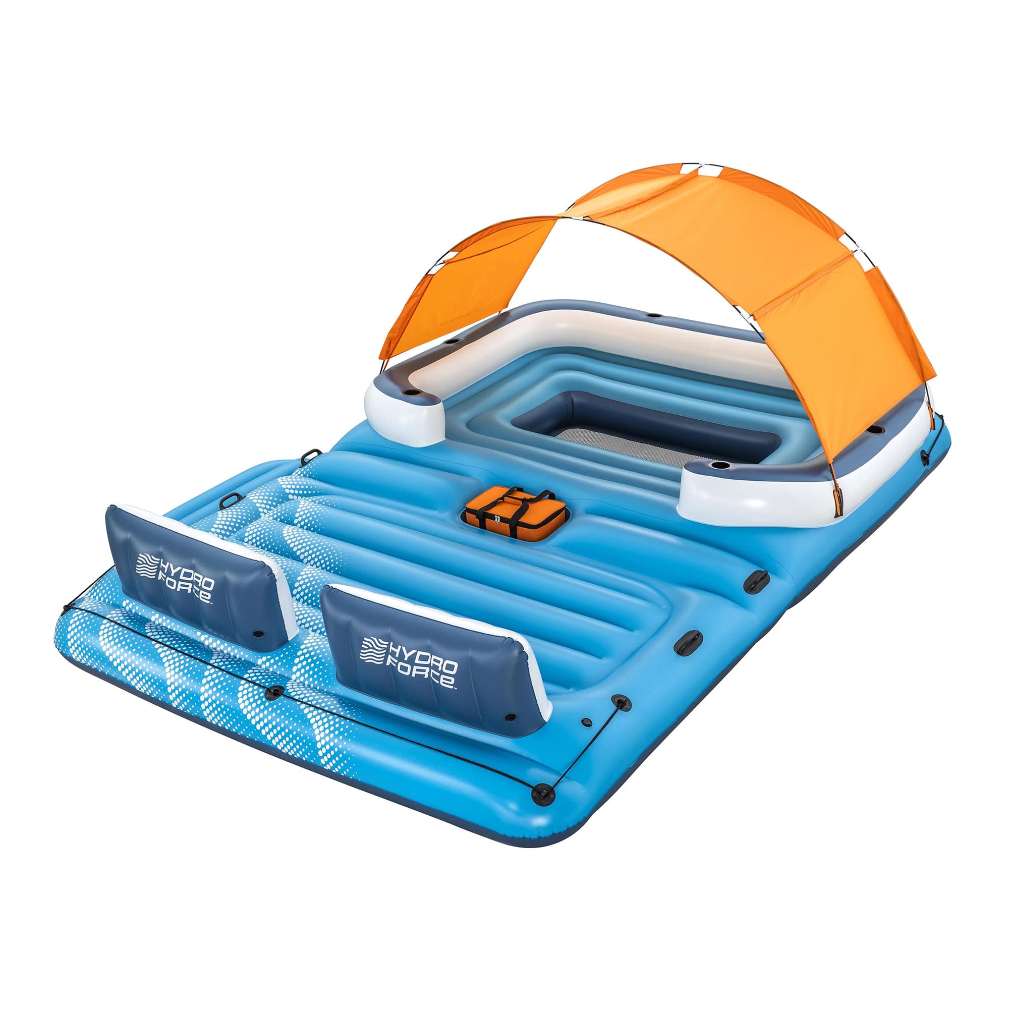 Bestway 409020 CoolerZ Tropical Breeze 6 Person Inflatable Party Island Large Relaxing Water Float with Detachable Sunshade and Cooler Bag Blue/Orange