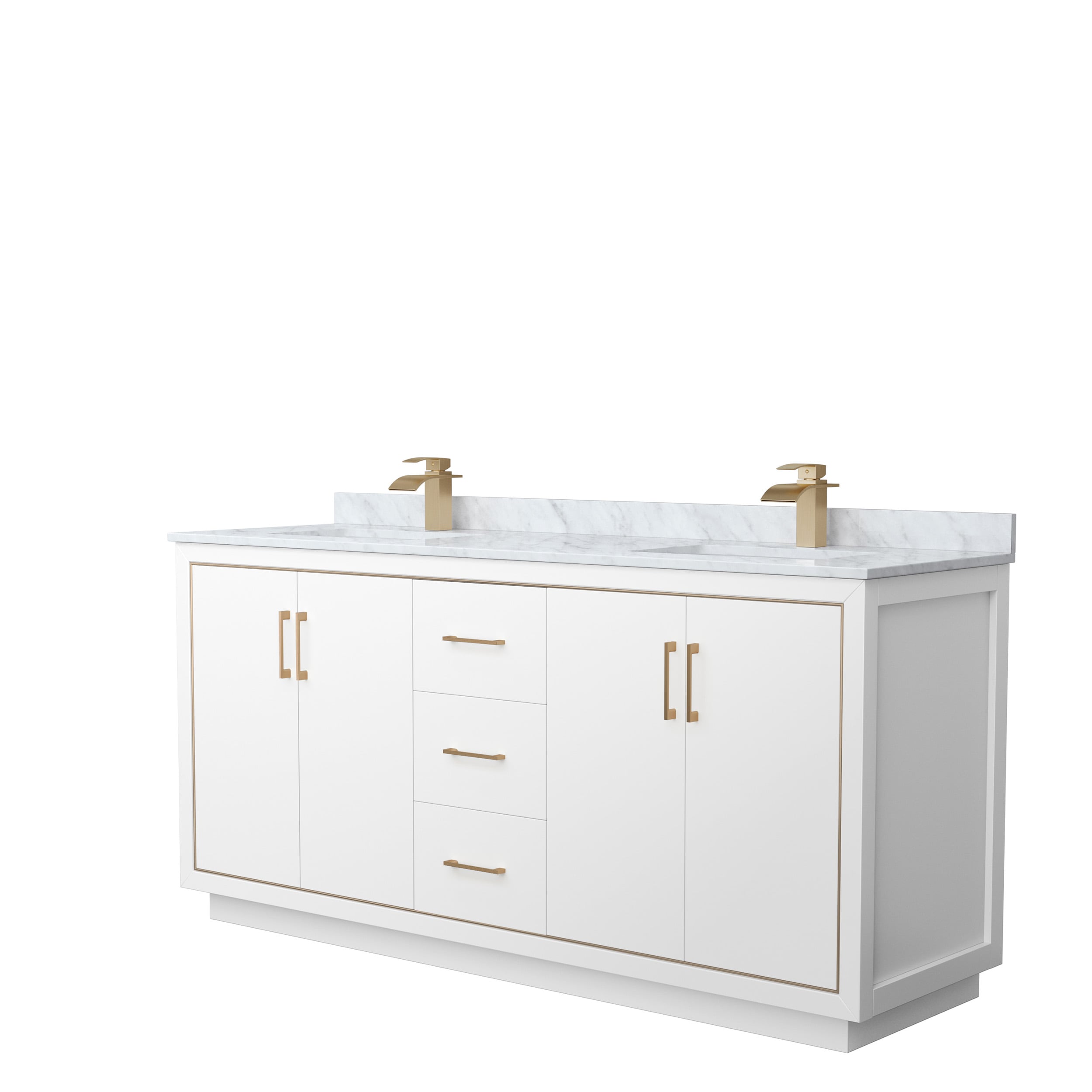 Wyndham Collection WCF111172DWZCMUNSMXX Icon 72-in White with Satin Bronze Trim Undermount Double sink Bathroom Vanity with White Carrara marble Natural marble Top