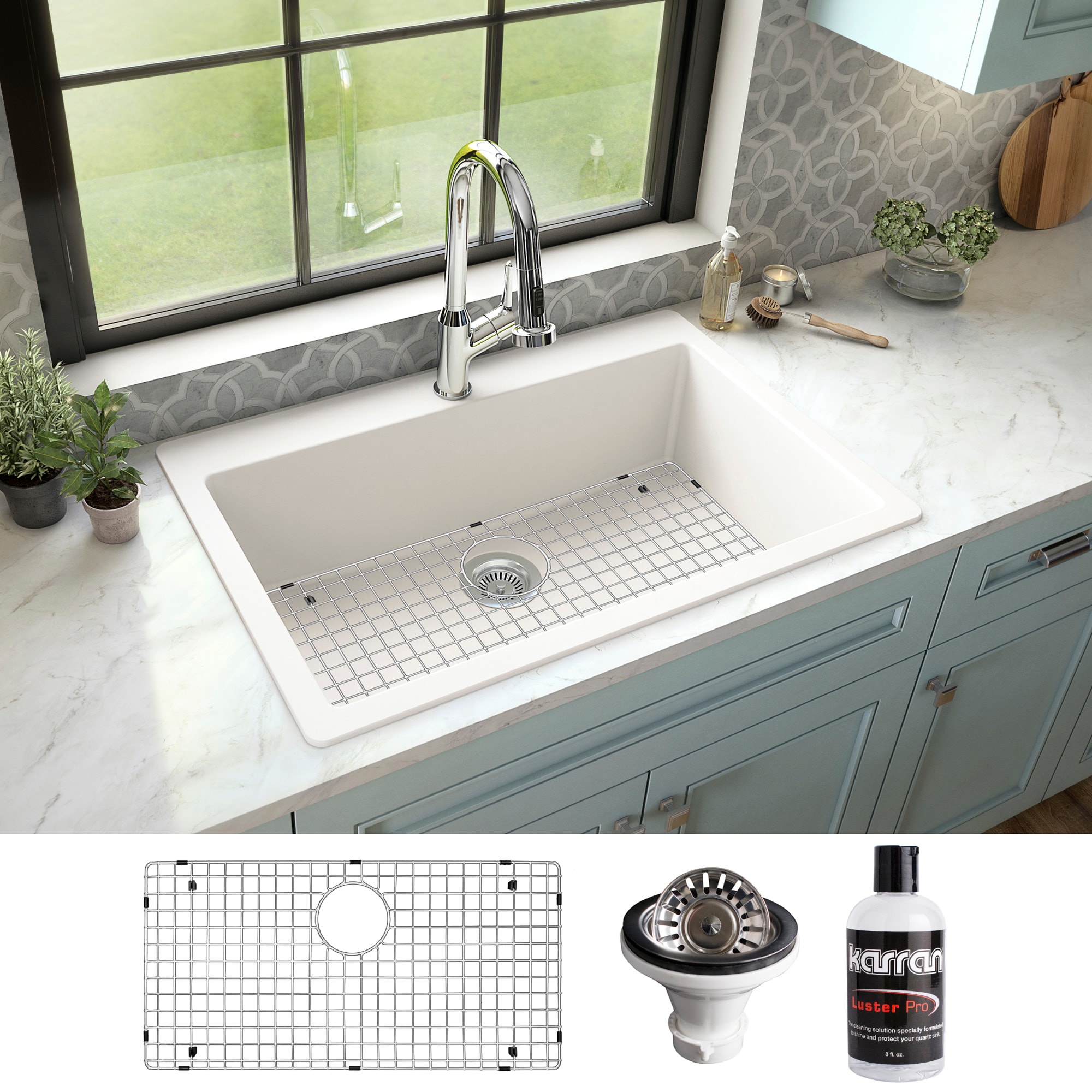Karran QT-812-WH-PK1 Drop-in 33-in x 22-in Quartz Single bowl 1-Hole Kitchen Sink
