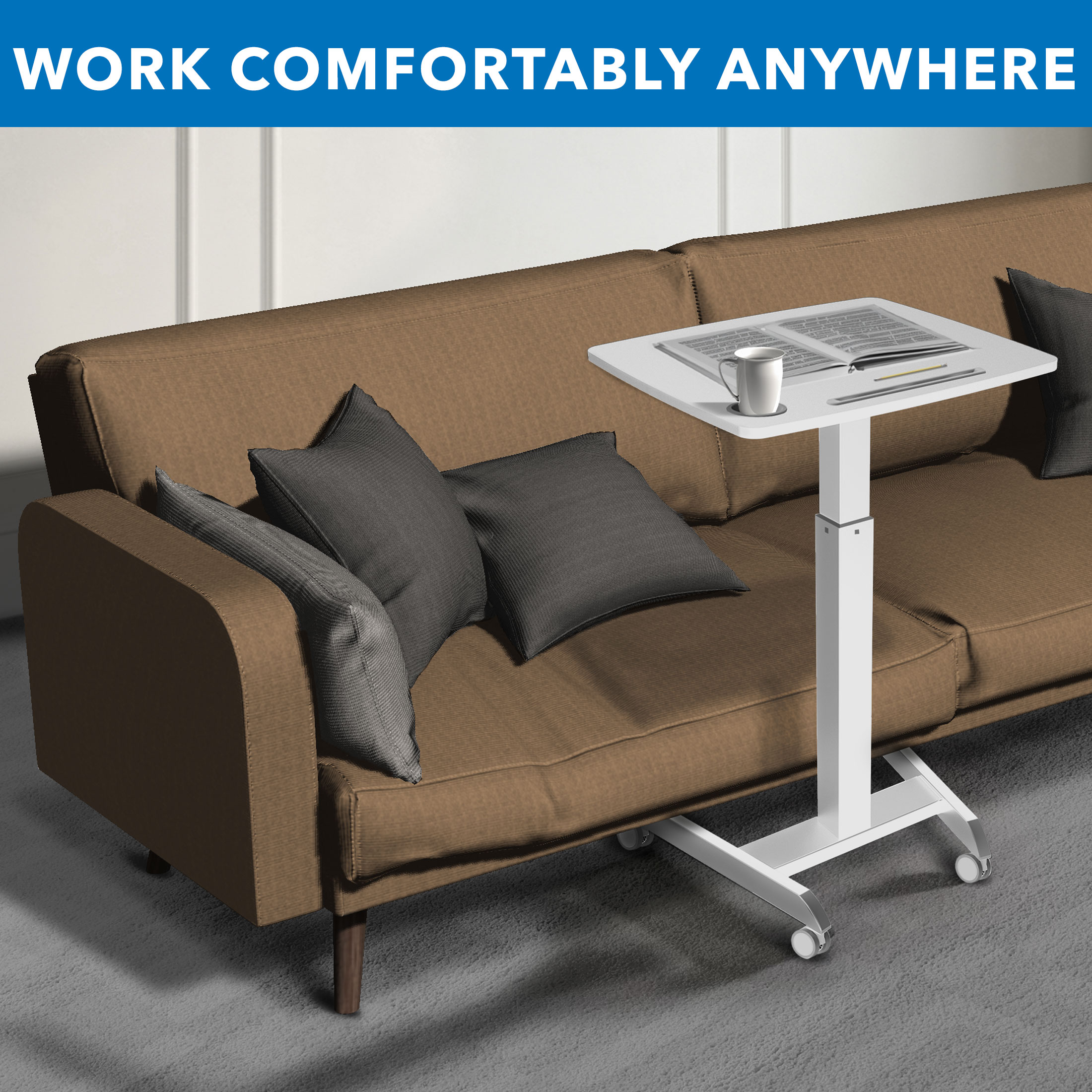 White Adjustable Height Mobile Laptop Cart with Cup Holder
