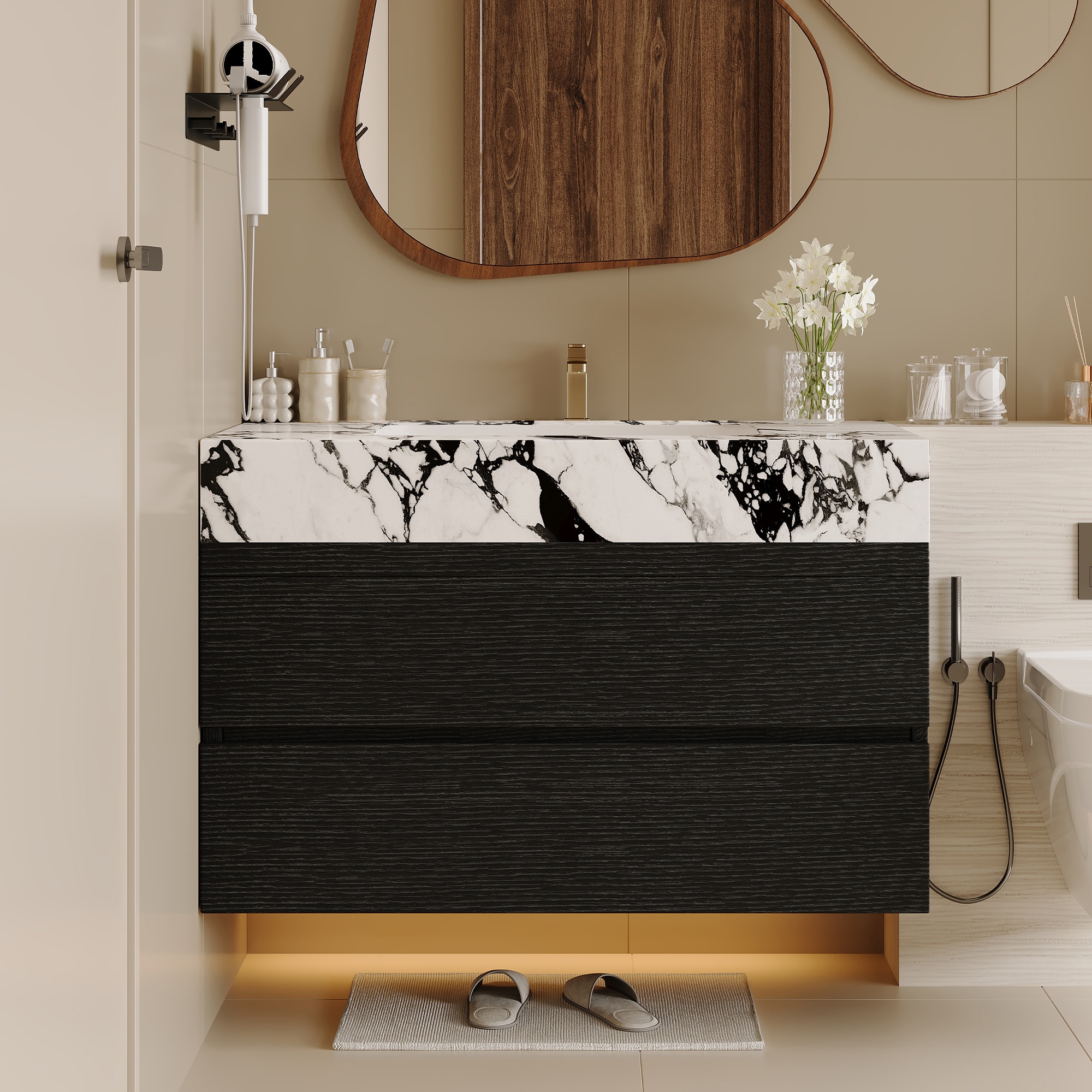 GDFStudio Modern 29.9 in Floating Bathroom Vanity with Faux Marble Top and Ceramic Undermount Sink Soft Close Drawers - White Black Sink+Black Cabinet