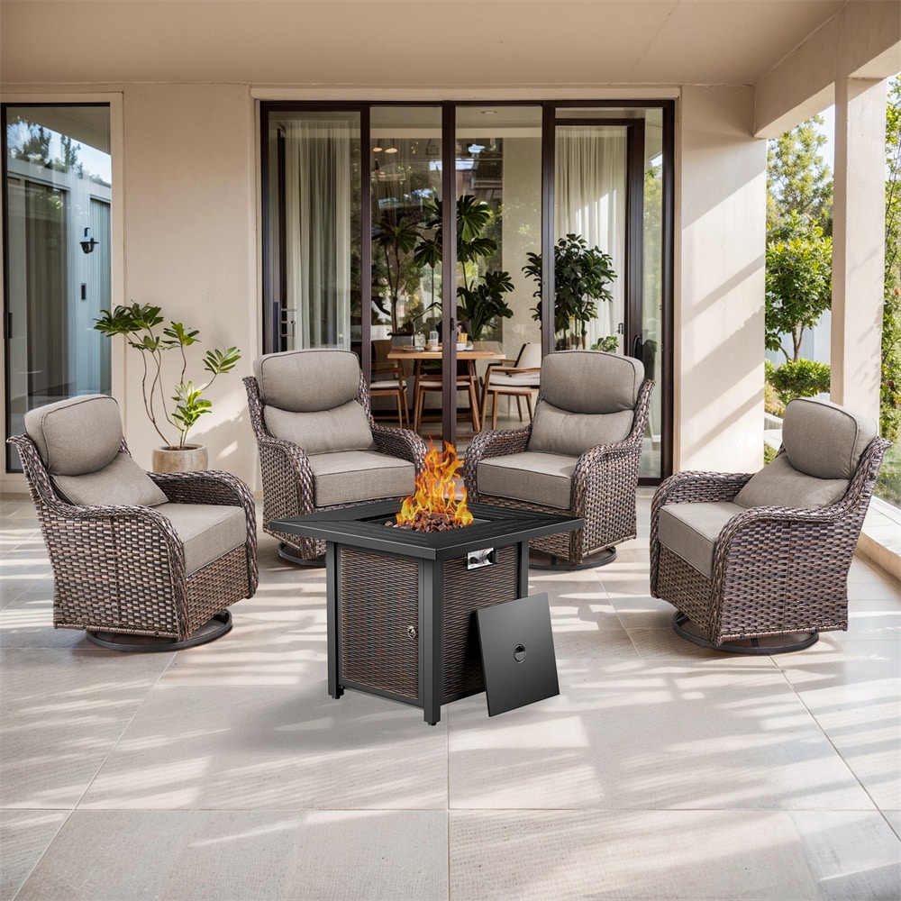 Pocassy PJ023XRRFT-3 Outdoor Conversation Set 5 -Piece Wicker Patio Conversation Set with Gray Cushions