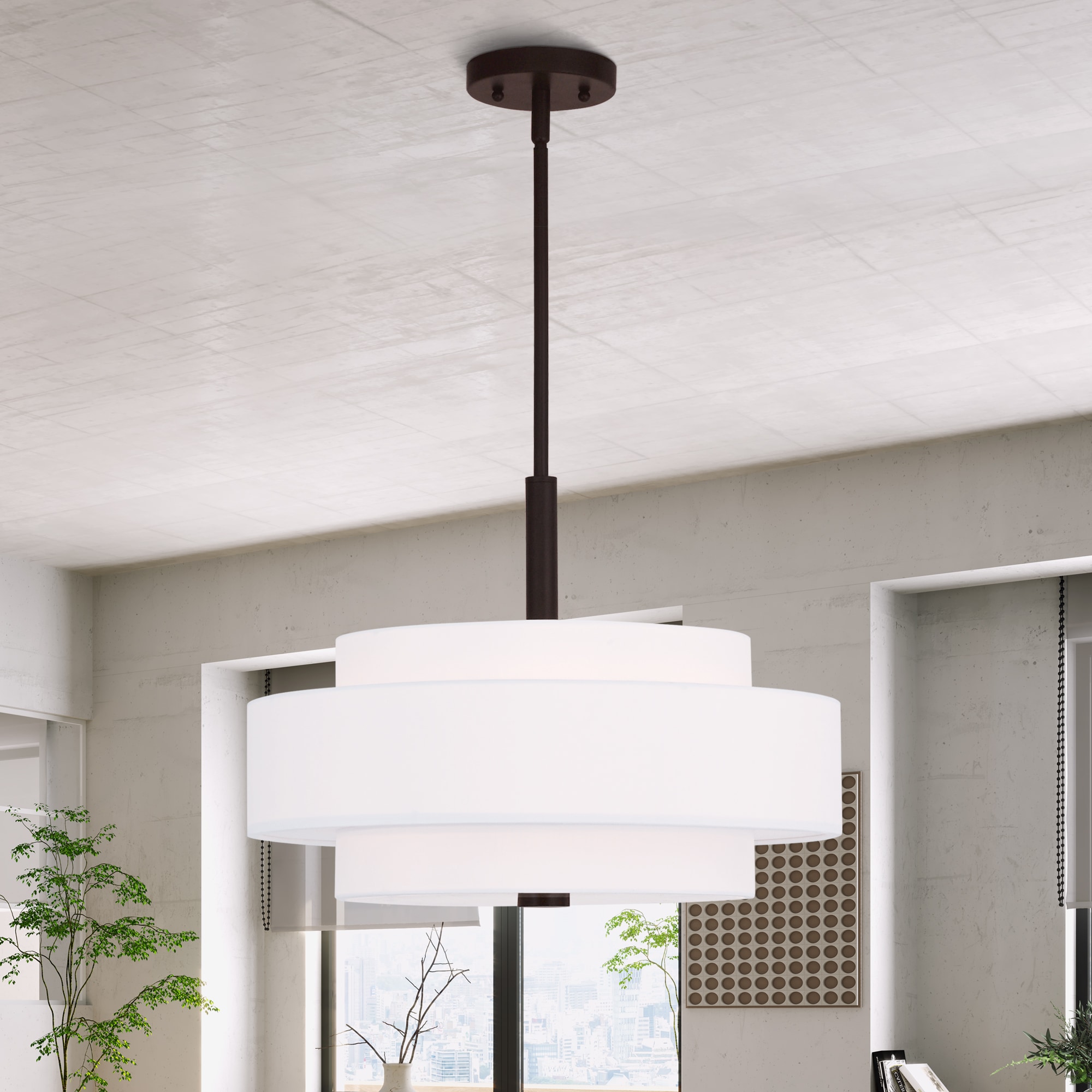Bronze 4-Light Pendant with Off-White Drum Shade