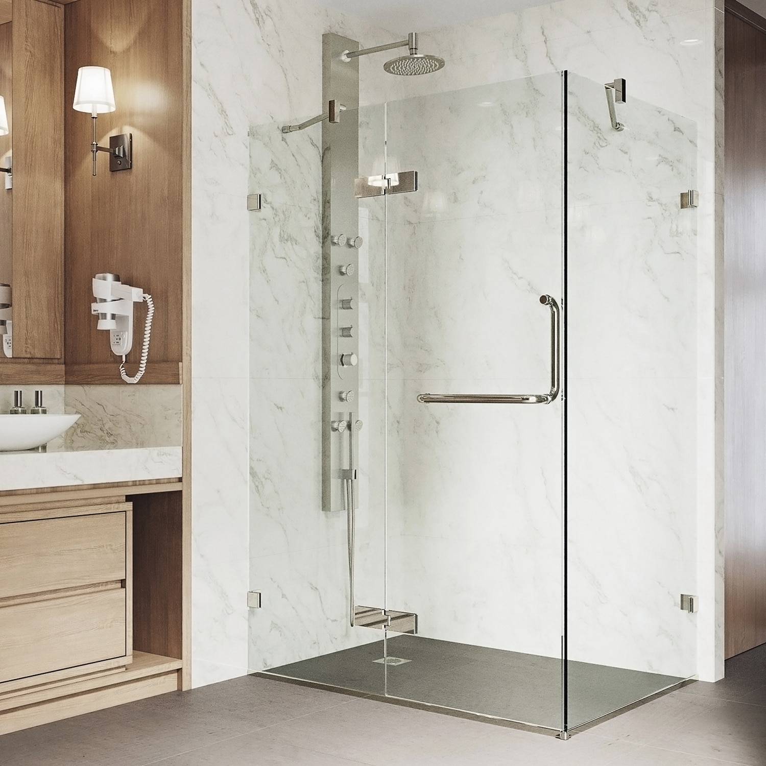 VIGO VG6011BNCL40 Monteray Brushed Nickel 38-in W x 73-in H Frameless Corner Hinged Shower Door 3/8-in Thick Clear Glass