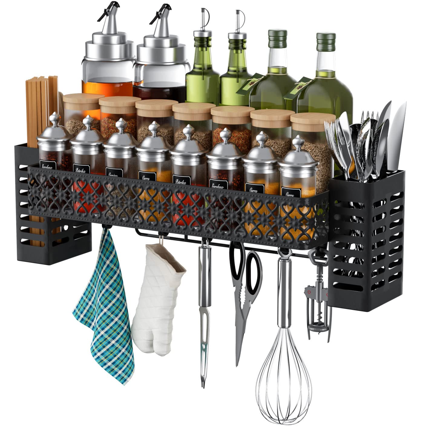 Yichuhaoxi  Hanging Spice Rack Wall Mount Over Stove Spice Organizer Shelf with Wall Hanging Utensil Holder 6 Hooks for Kitchen Black