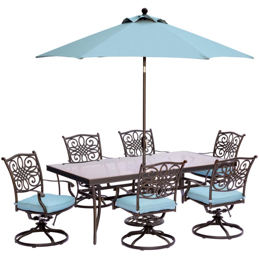 Hanover TRADDN7PCSWG-SU-B Traditions 9-Piece Bronze Patio Dining Set with Blue Cushions