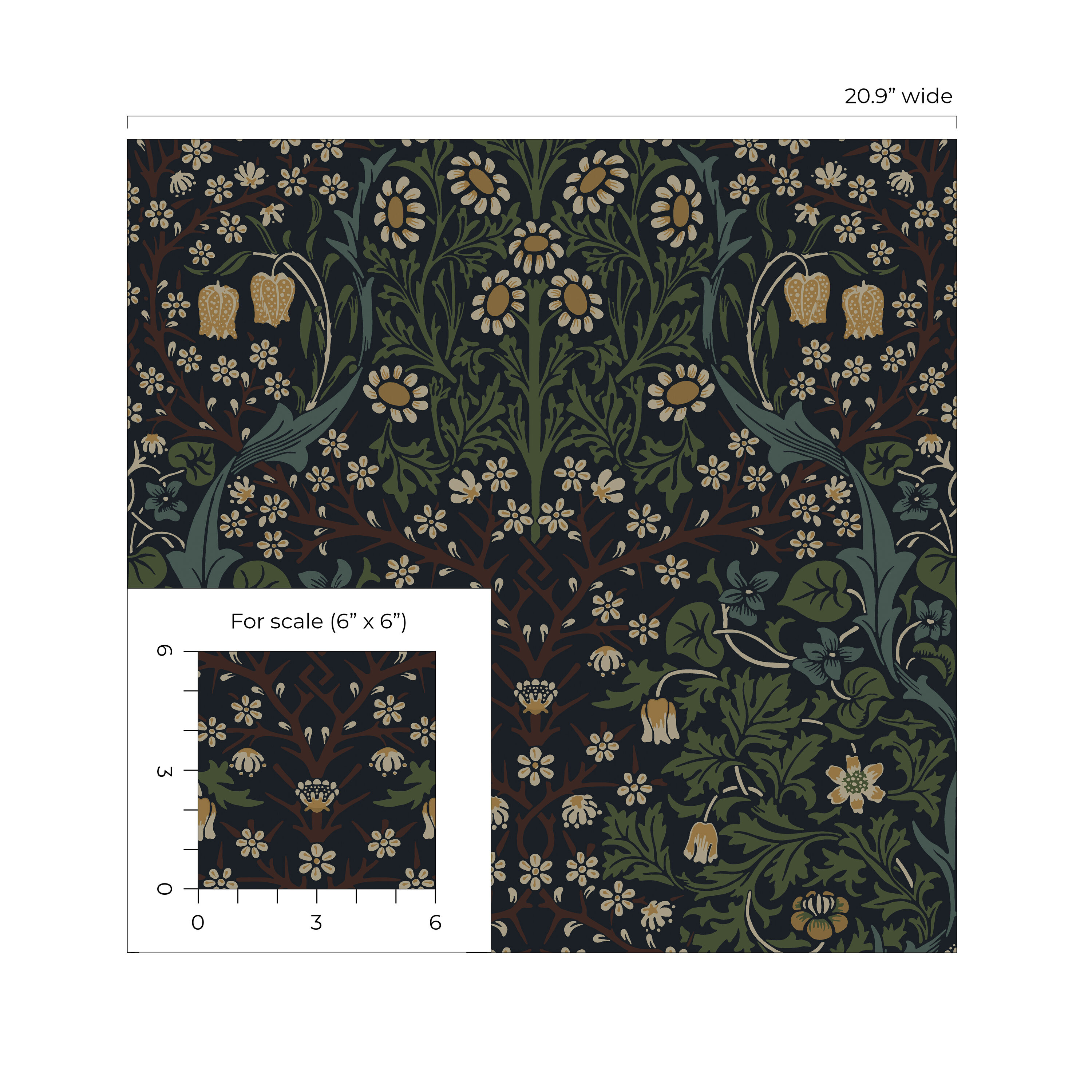 Midnight Blue and Evergreen Damask Floral Peel and Stick Wallpaper