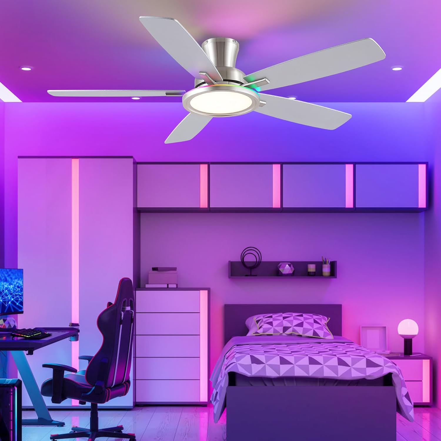 Gleam Flare 52 Inches Nickle RGB Low Profile Ceiling Fan with LED RGB Reversible DC Motor for Bedroom Living Room Patio