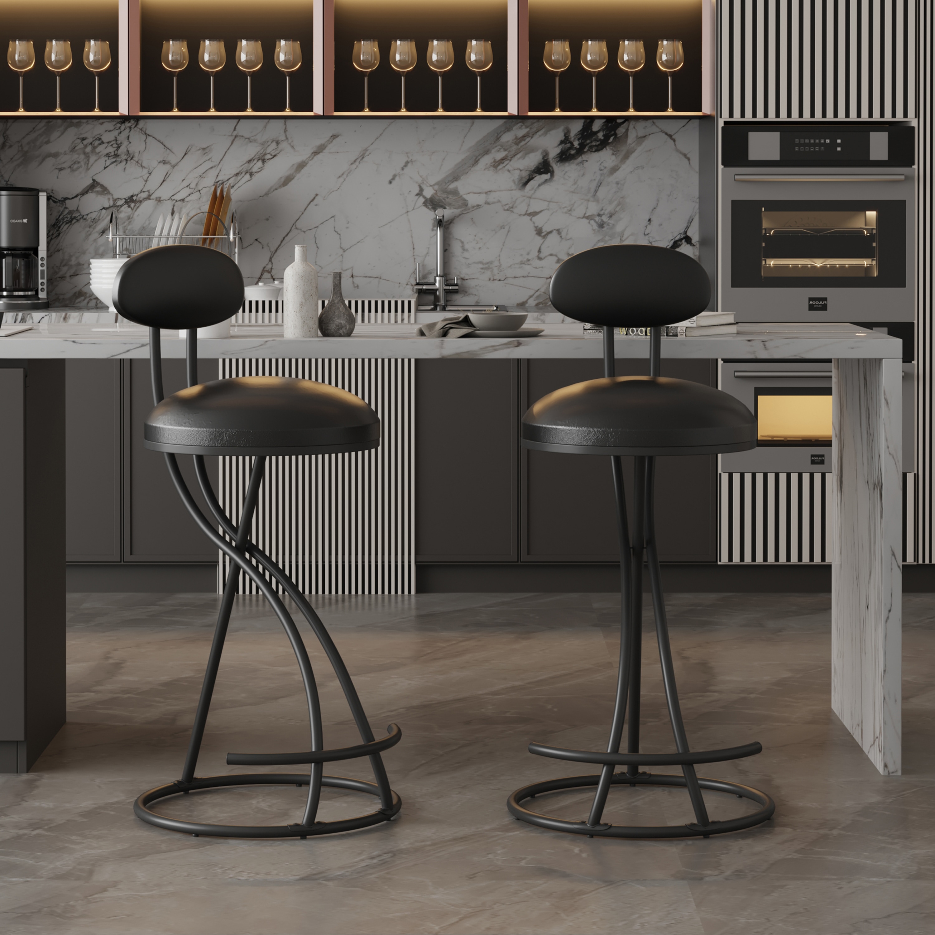 LOVMOR SF-M-W1757P167845 Bar Stools Upholstered Counter Height Barstools for Kitchen Island Set of 2 Modern PU Leather Dining Chairs with Footrest Black