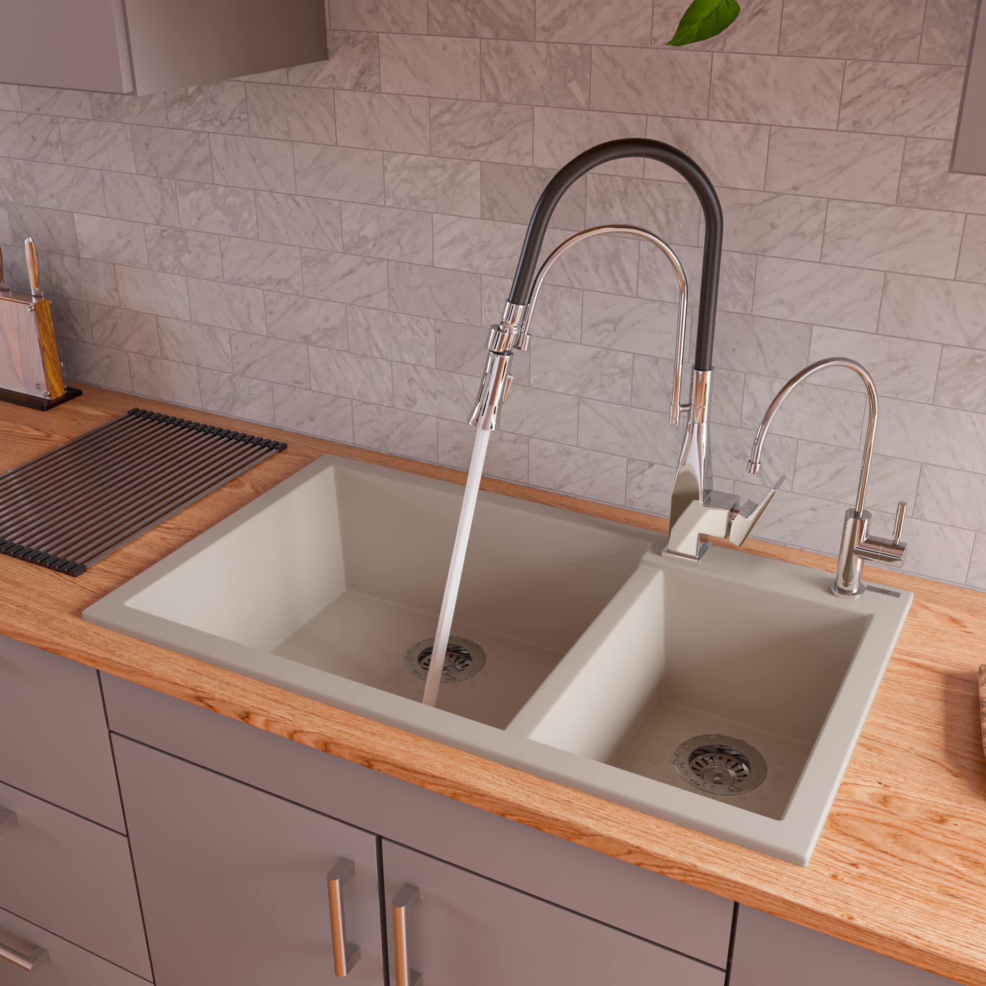 ALFI AB3319DI-B Biscuit 34-in Double Bowl Drop In Granite Composite Kitchen Sink