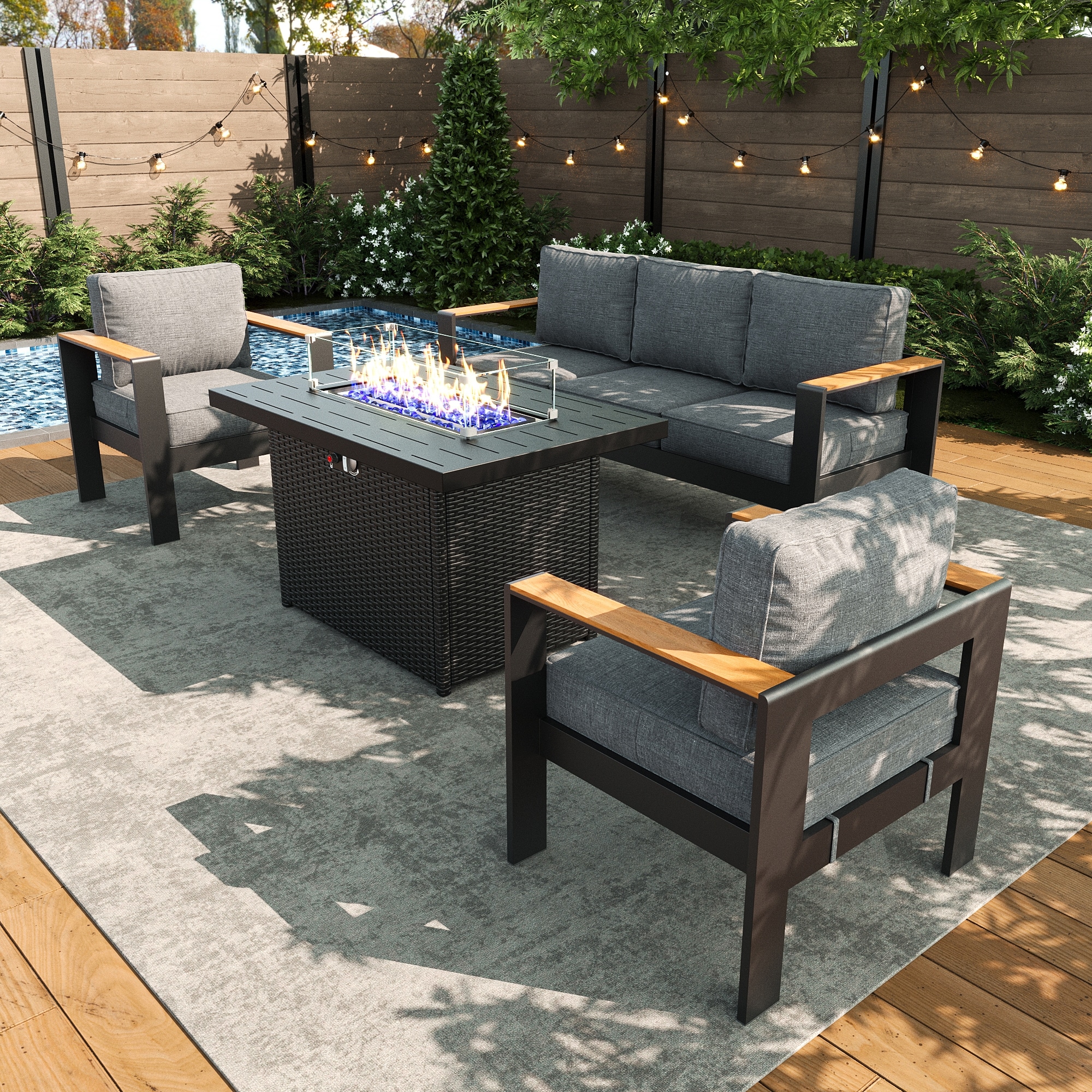 LayinSun AL5002-FP3-02 4 -Piece Outdoor Aluminum Patio Conversation Set with Fire Pit and Dark Gray Cushions