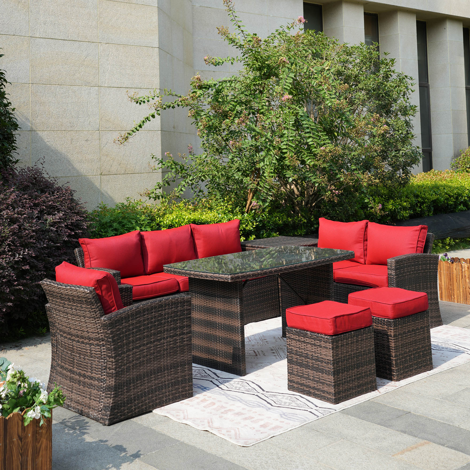 Direct Wicker 1403BRE Geo 7 -Piece Wicker Patio Sofa Conversation Set with Red Cushions