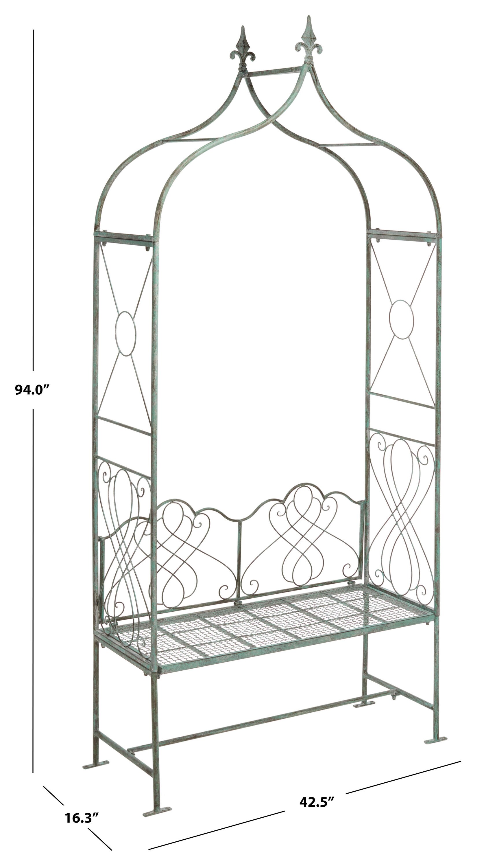 Antique Green Iron Garden Arbor Bench with Victorian Scrollwork