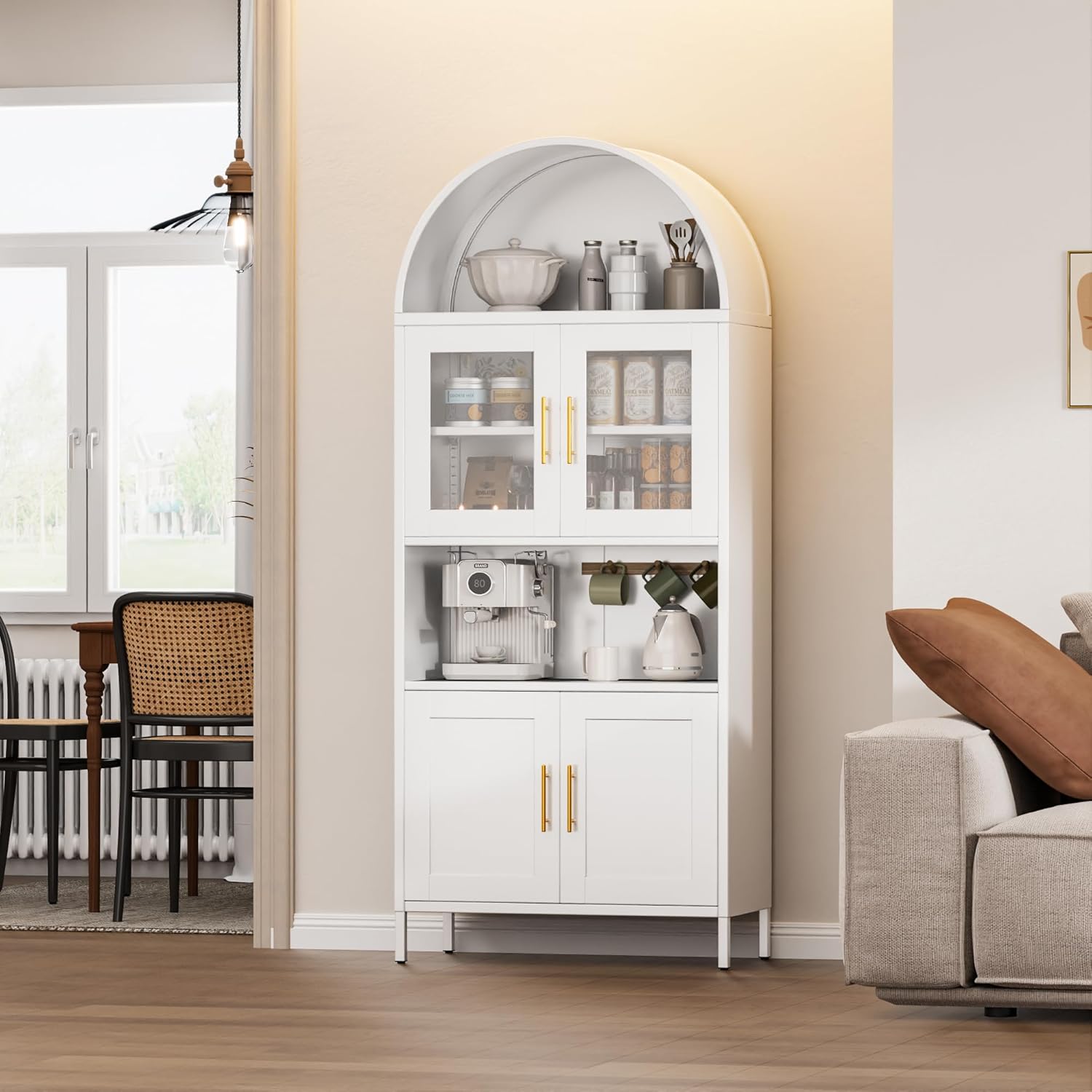 Boyel Living Farmhouse Arched Coffee Bar Cabinet White Kitchen Pantry Hutch with Glass Doors and Adjustable Shelves