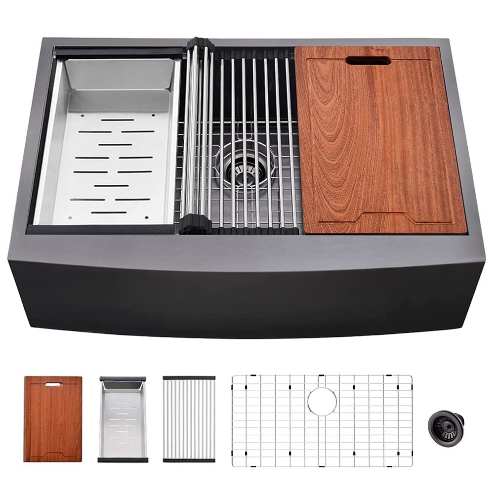 Tatayosi 33 inch L X 22 inch W Farmhouse Kitchen Sink Matte Black Stainless Steel 33 inch Single Bowl Farmhouse Apron Workstation Kitchen Sink with Accessory Kit