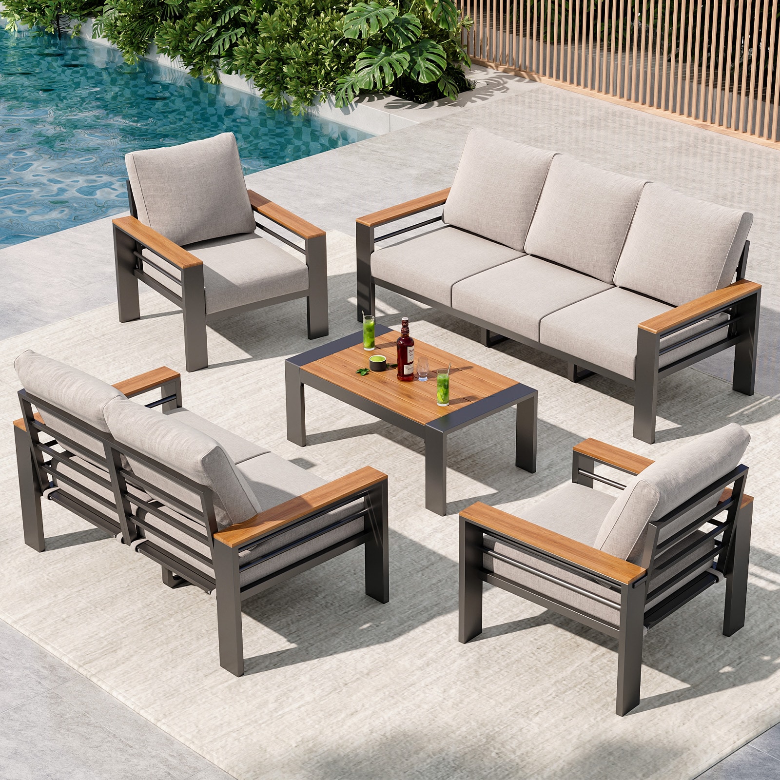 AOXUN PA-13002 Patio Conversation Sets 5 -Piece 2 Patio Sofa Conversation Set with Gray Cushions
