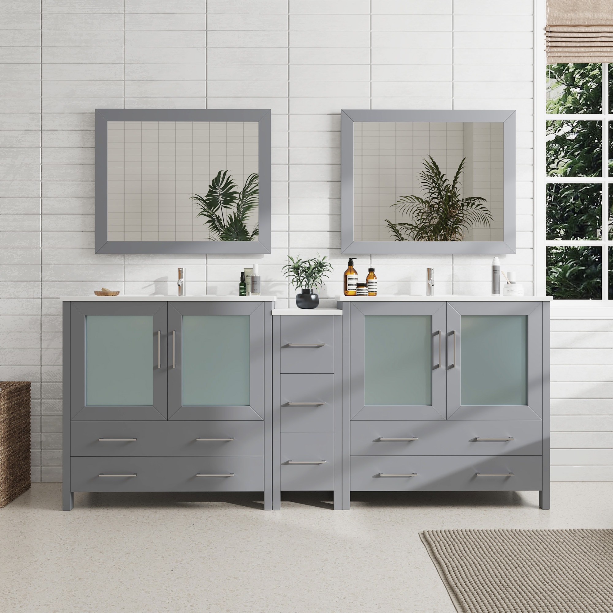 Vanity Art VA3036-84G Brescia 84-in Grey Undermount Double sink Bathroom Vanity with White Ceramic Top (Mirror Included)